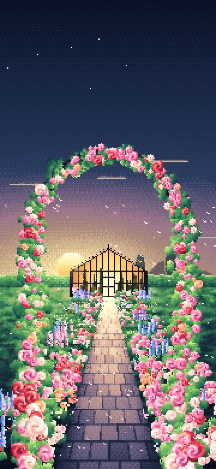 Navy Pixel Art Rose Garden at Sunset wallpaper for iPhone and Android