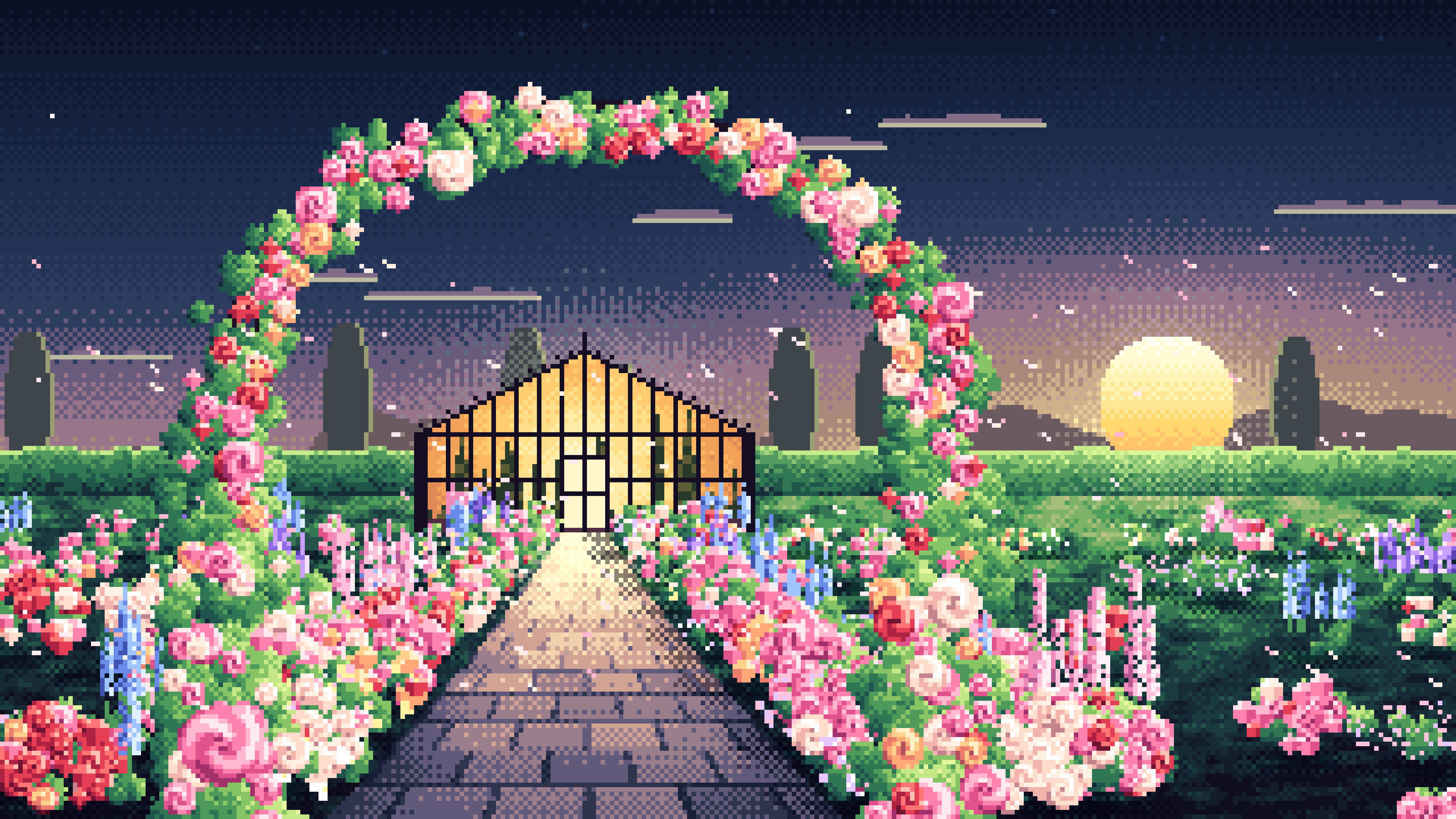 Navy Pixel Art Rose Garden at Sunset desktop wallpaper in 4K