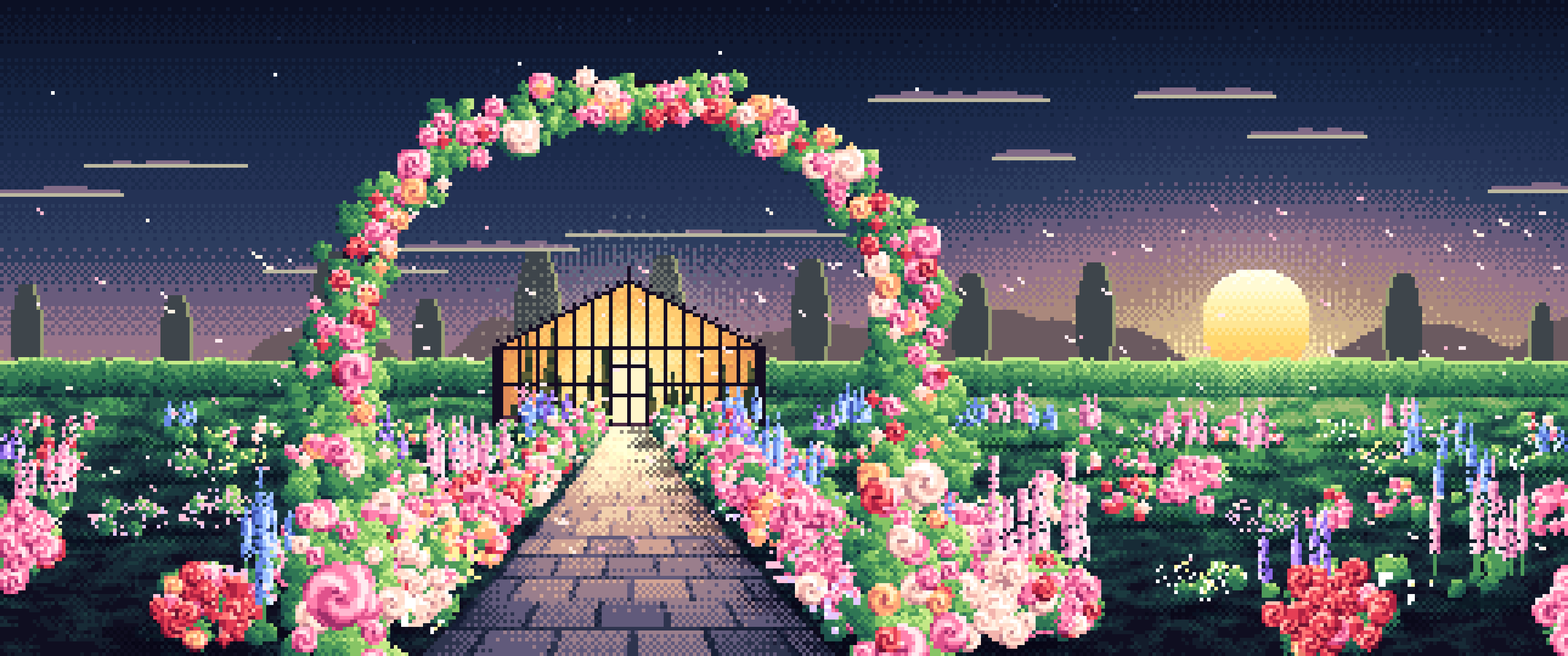 Navy Pixel Art Rose Garden at Sunset ultrawide wallpaper, 3440 × 1440