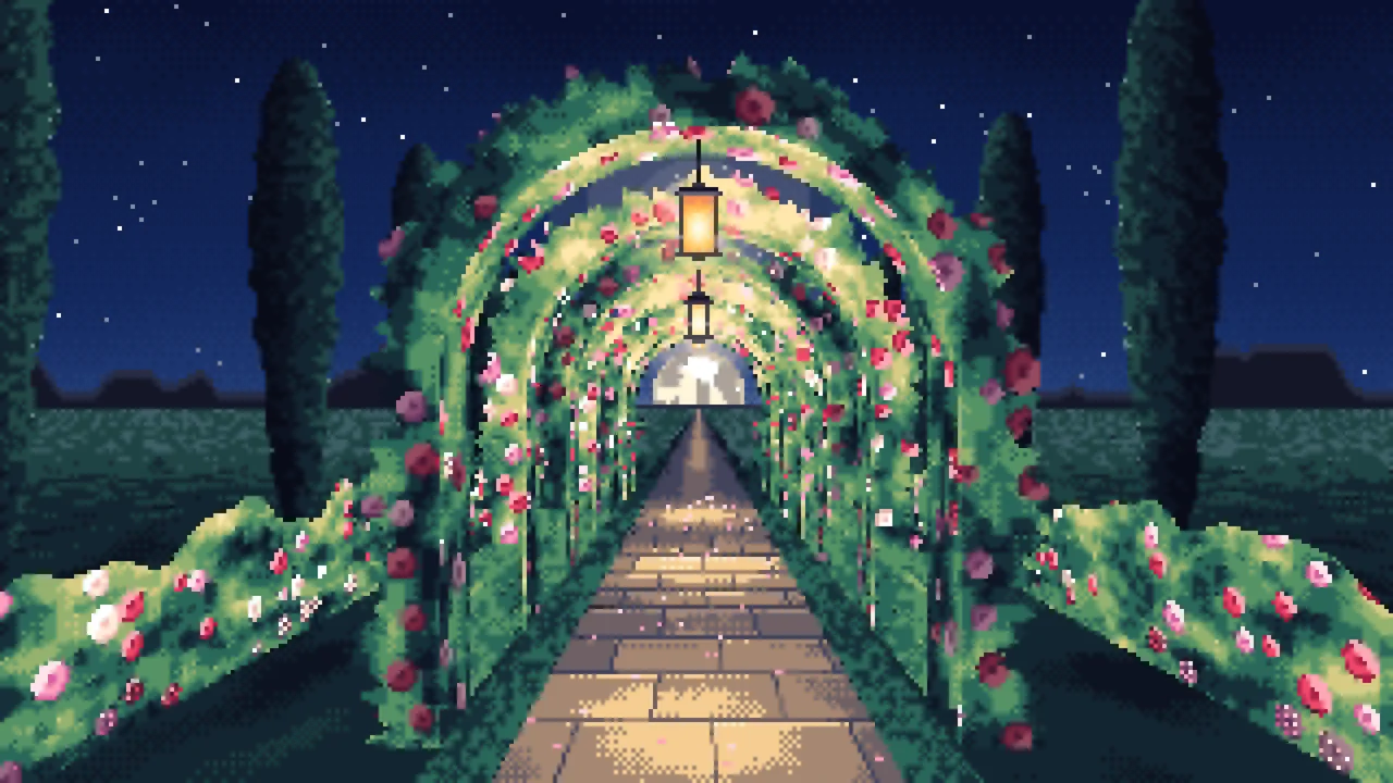 Navy Pixel Art Rose Tunnel by Lantern Light desktop wallpaper in 4K
