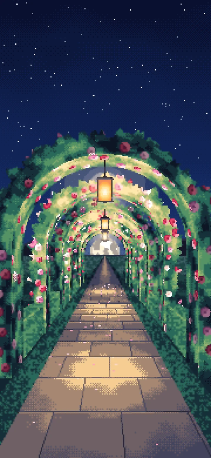 Navy Pixel Art Rose Tunnel by Lantern Light wallpaper for iPhone and Android