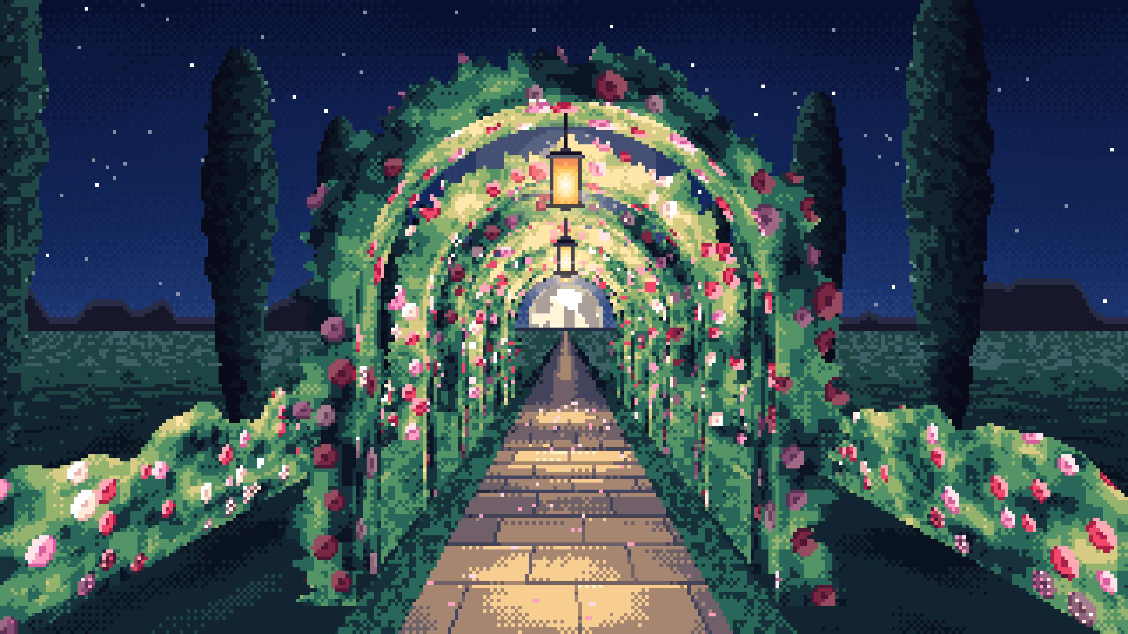 Navy Pixel Art Rose Tunnel by Lantern Light desktop wallpaper in 4K