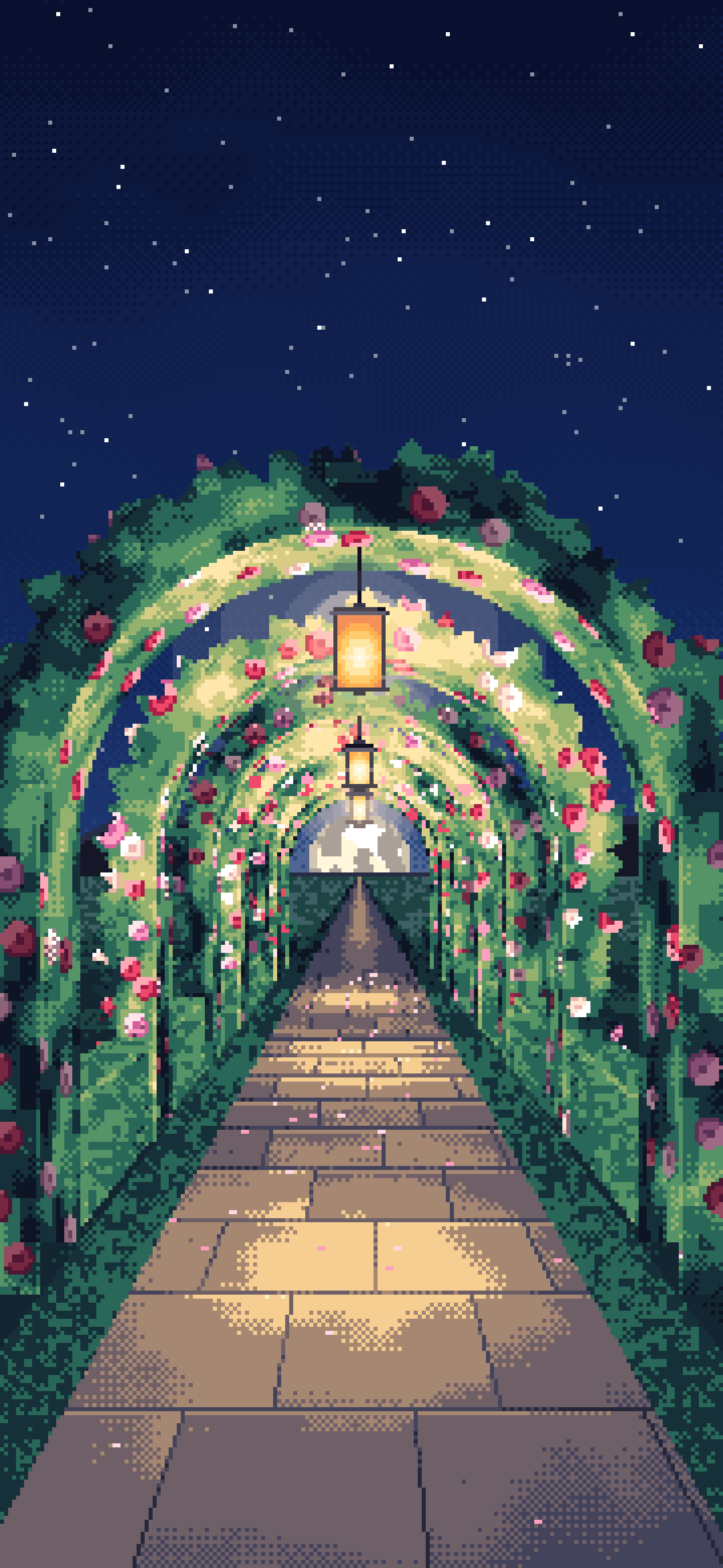 Navy Pixel Art Rose Tunnel by Lantern Light wallpaper for iPhone and Android