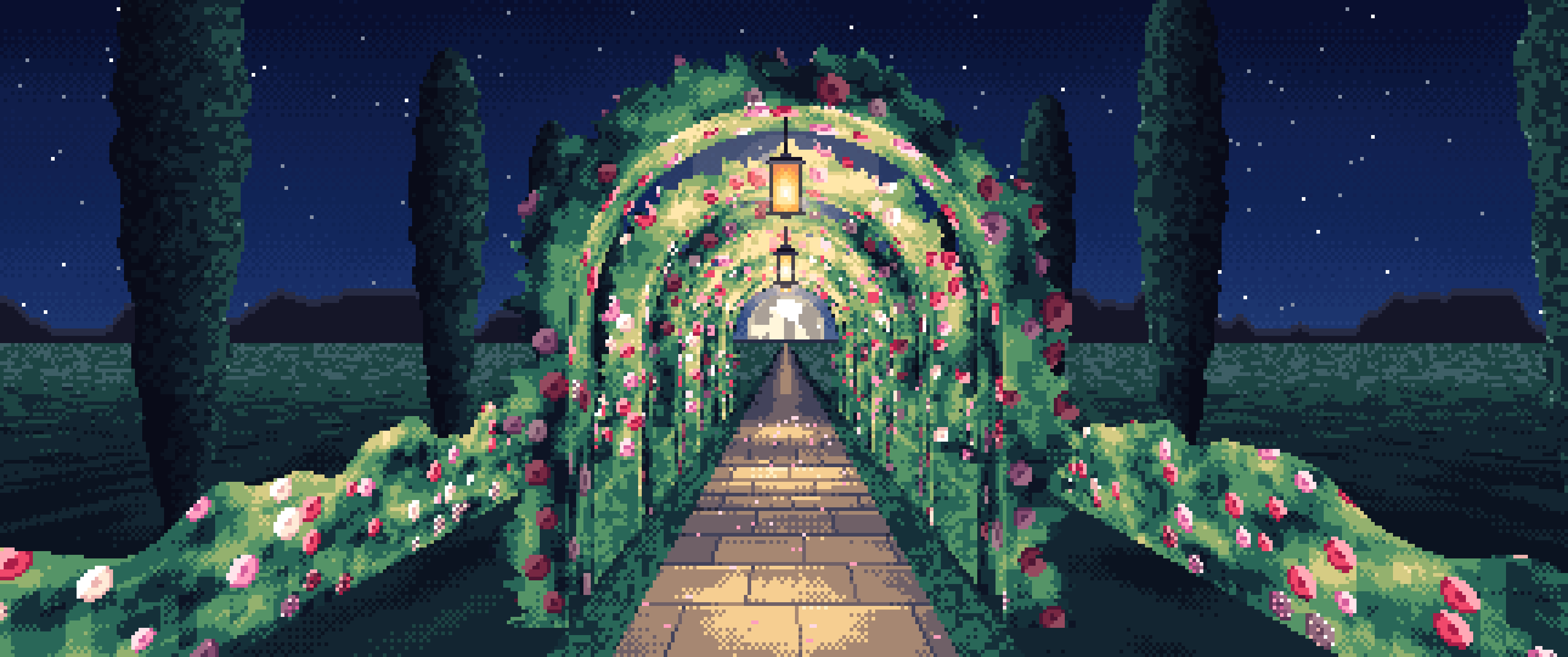 Navy Pixel Art Rose Tunnel by Lantern Light ultrawide wallpaper, 3440 × 1440