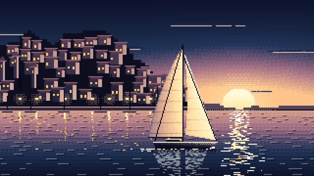 Navy Pixel Art Sailboat at Sunset by a Harbor Town desktop wallpaper in 4K