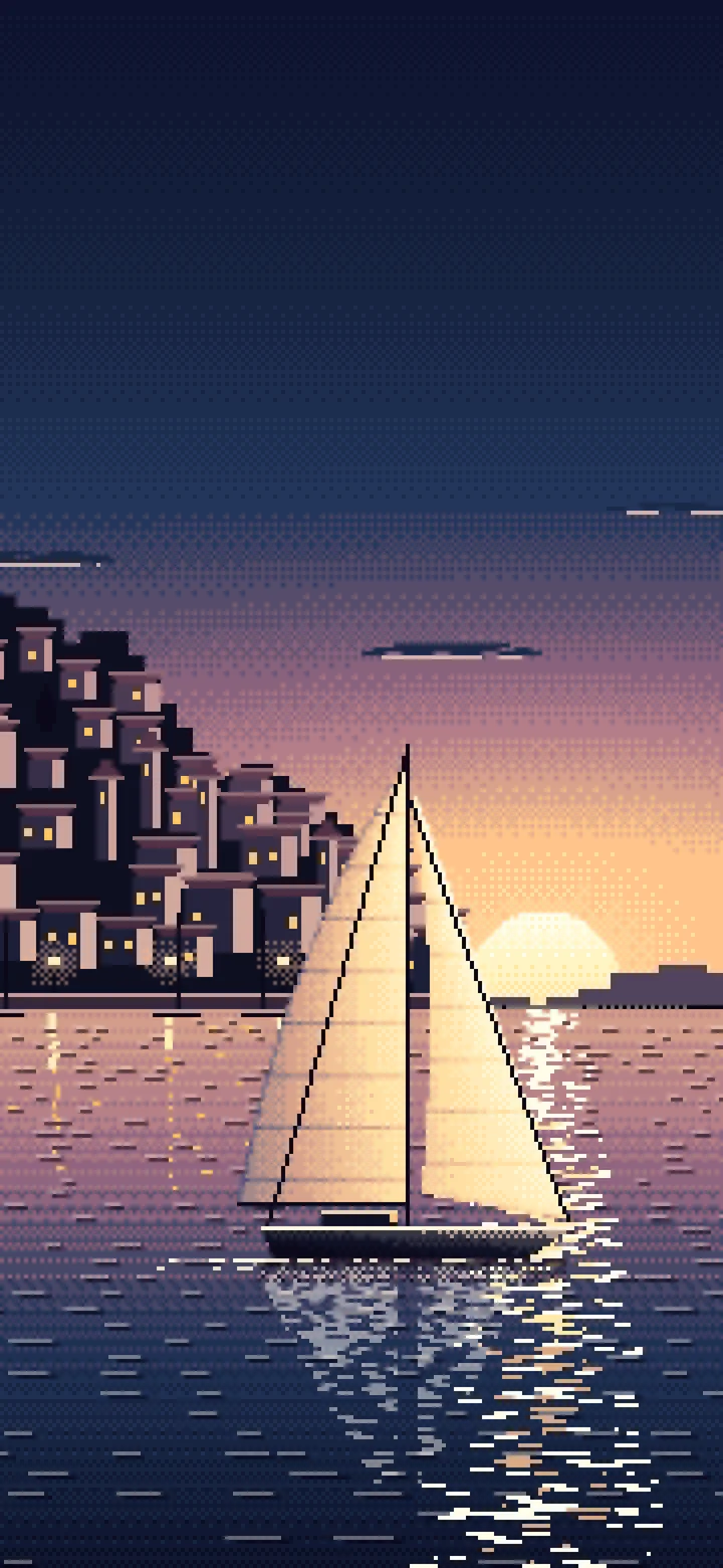 Navy Pixel Art Sailboat at Sunset by a Harbor Town wallpaper for iPhone and Android