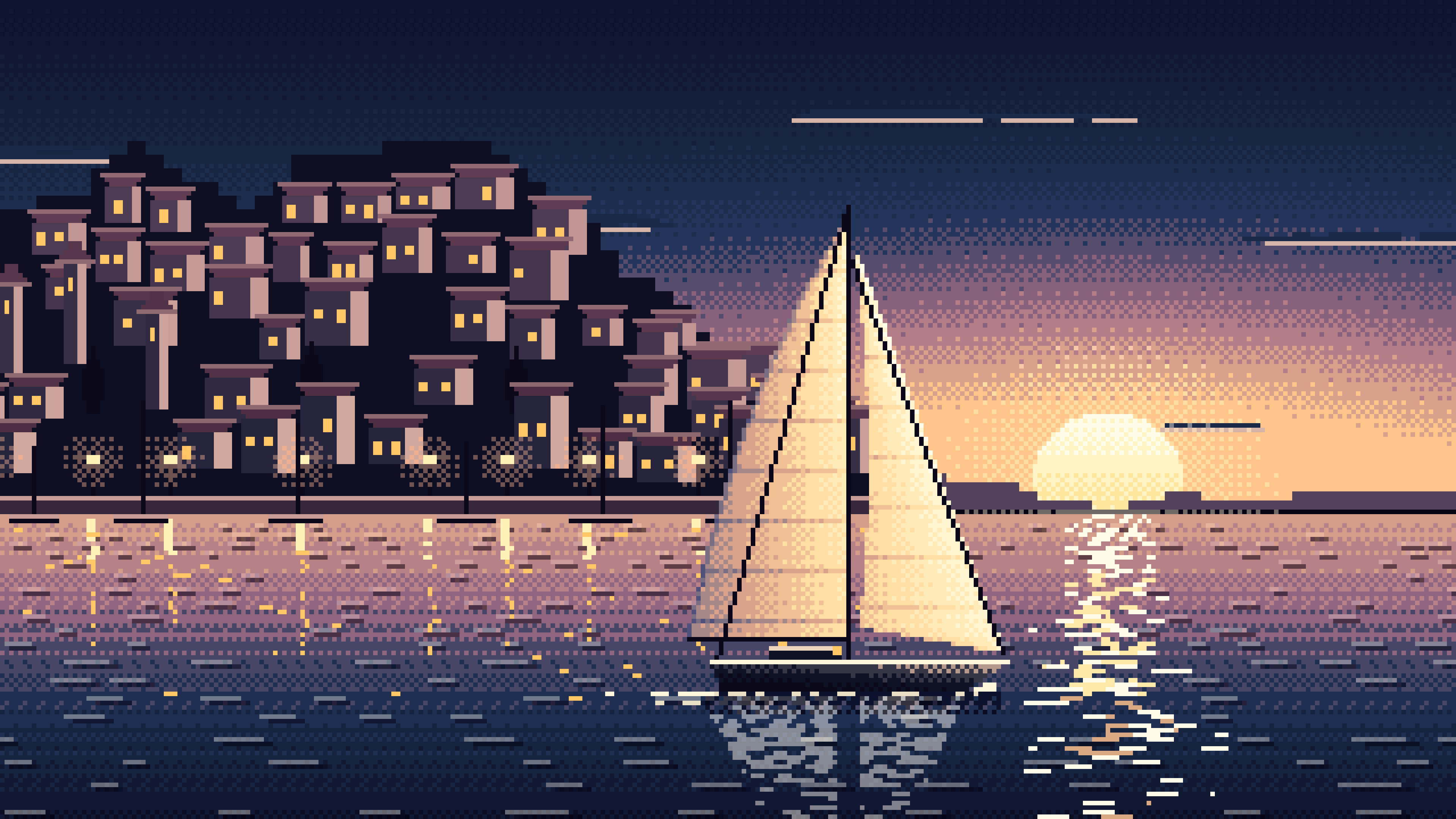 Navy Pixel Art Sailboat at Sunset by a Harbor Town desktop wallpaper in 4K