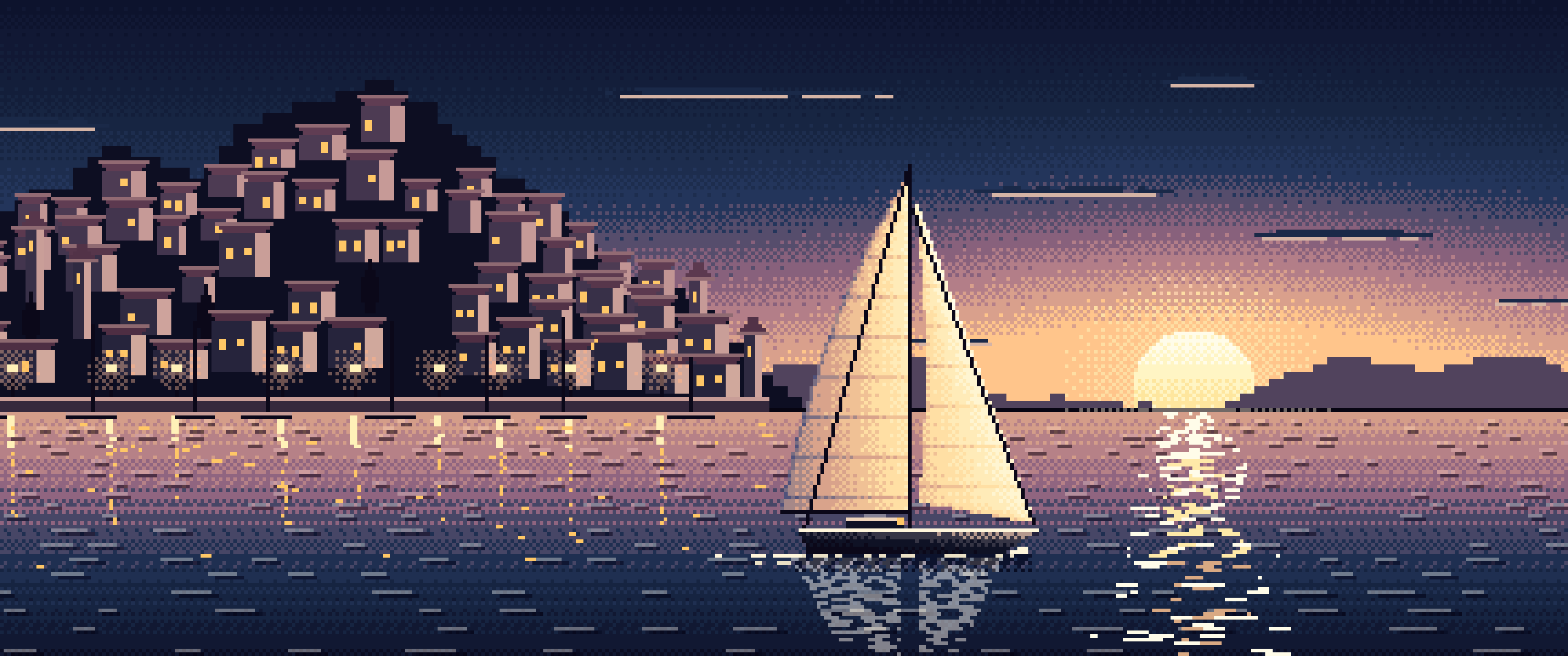 Navy Pixel Art Sailboat at Sunset by a Harbor Town ultrawide wallpaper, 3440 × 1440
