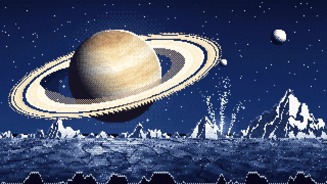 Navy Pixel Art Saturn Over an Icy World desktop wallpaper in 4K