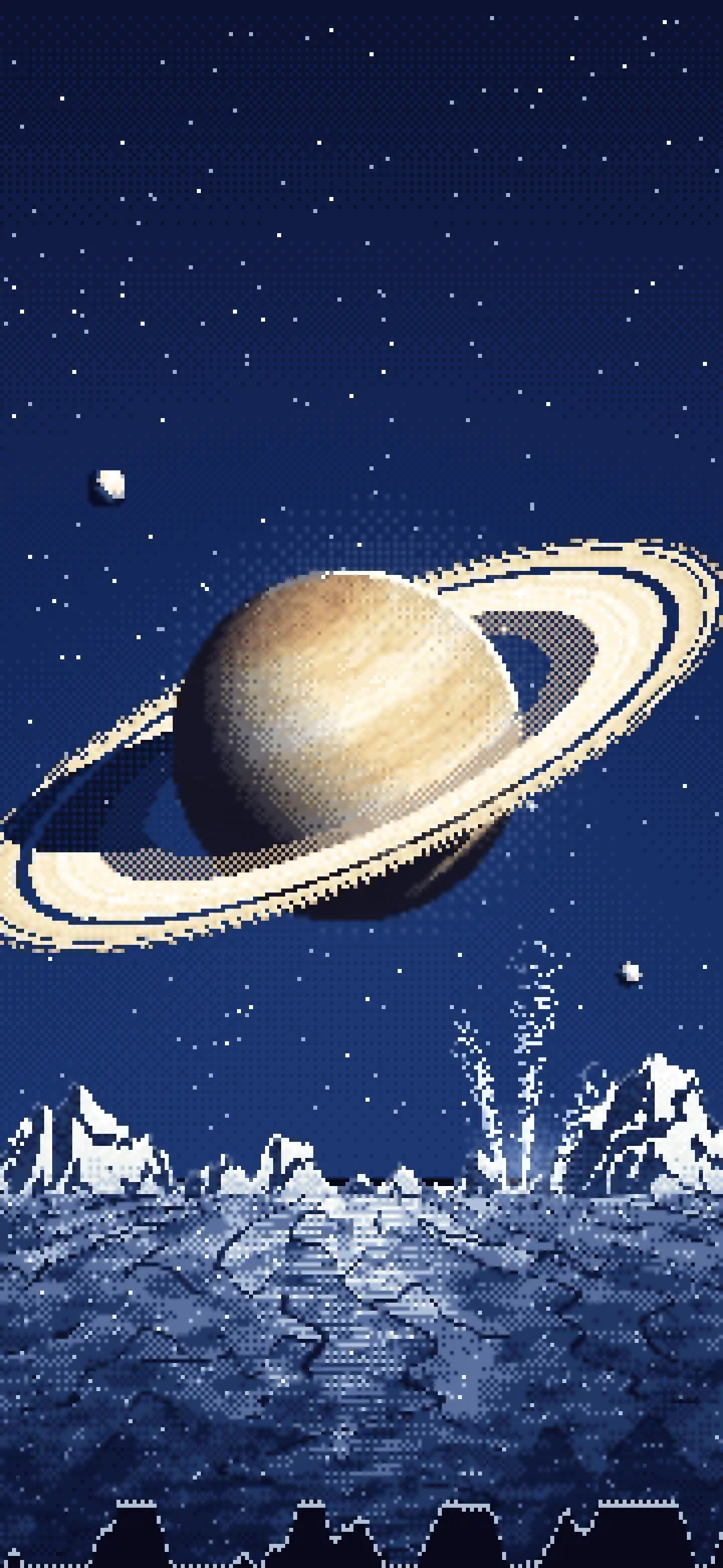 Navy Pixel Art Saturn Over an Icy World wallpaper for iPhone and Android