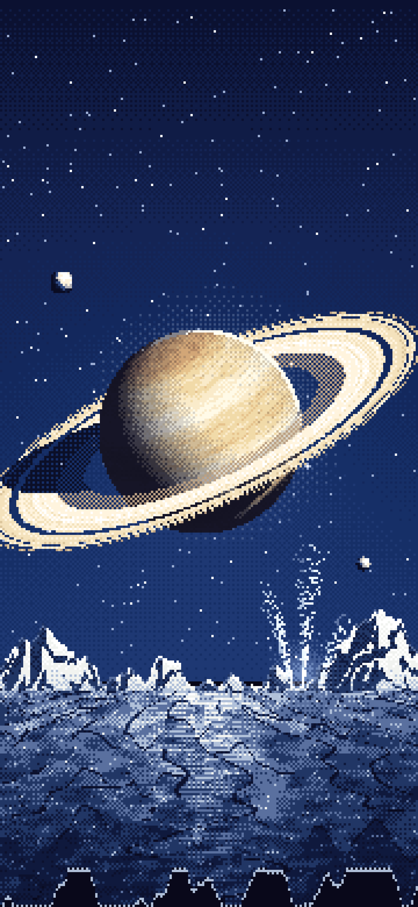 Navy Pixel Art Saturn Over an Icy World wallpaper for iPhone and Android