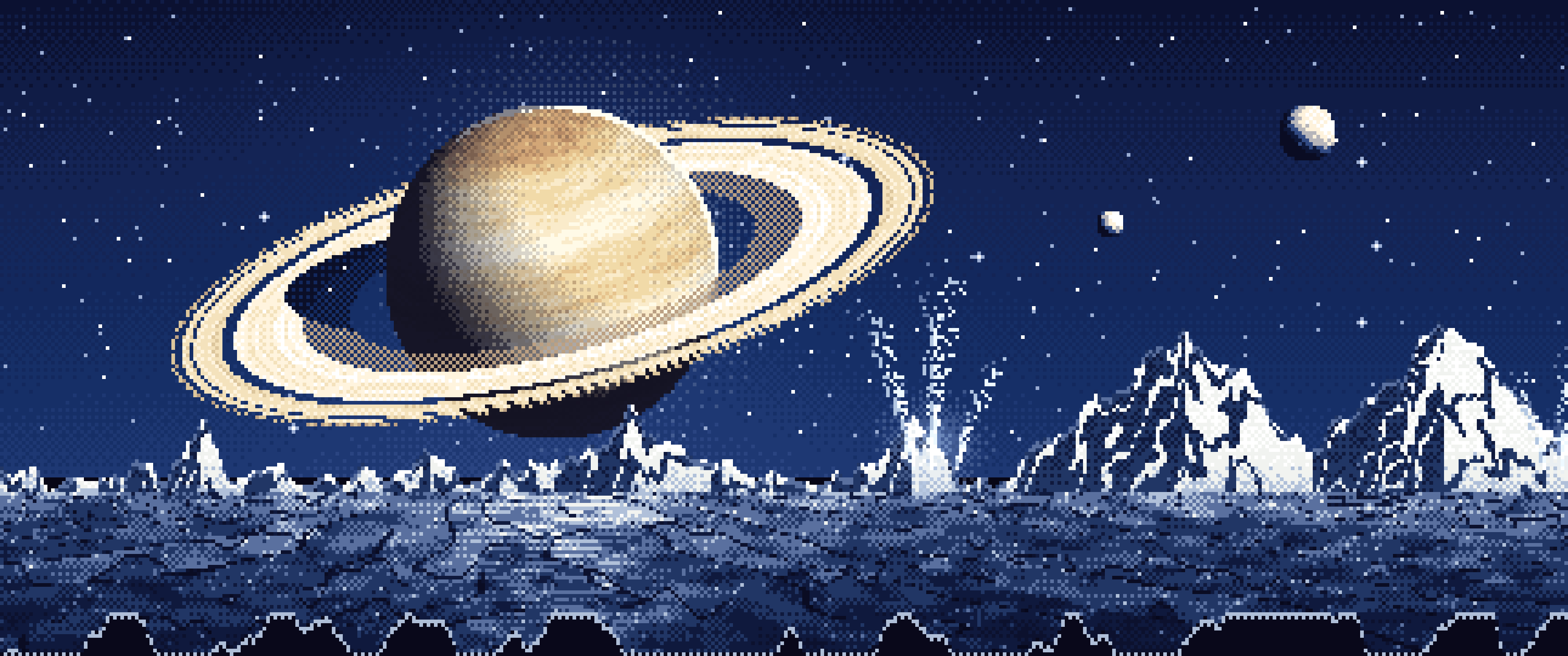 Navy Pixel Art Saturn Over an Icy World ultrawide wallpaper, 3440 × 1440