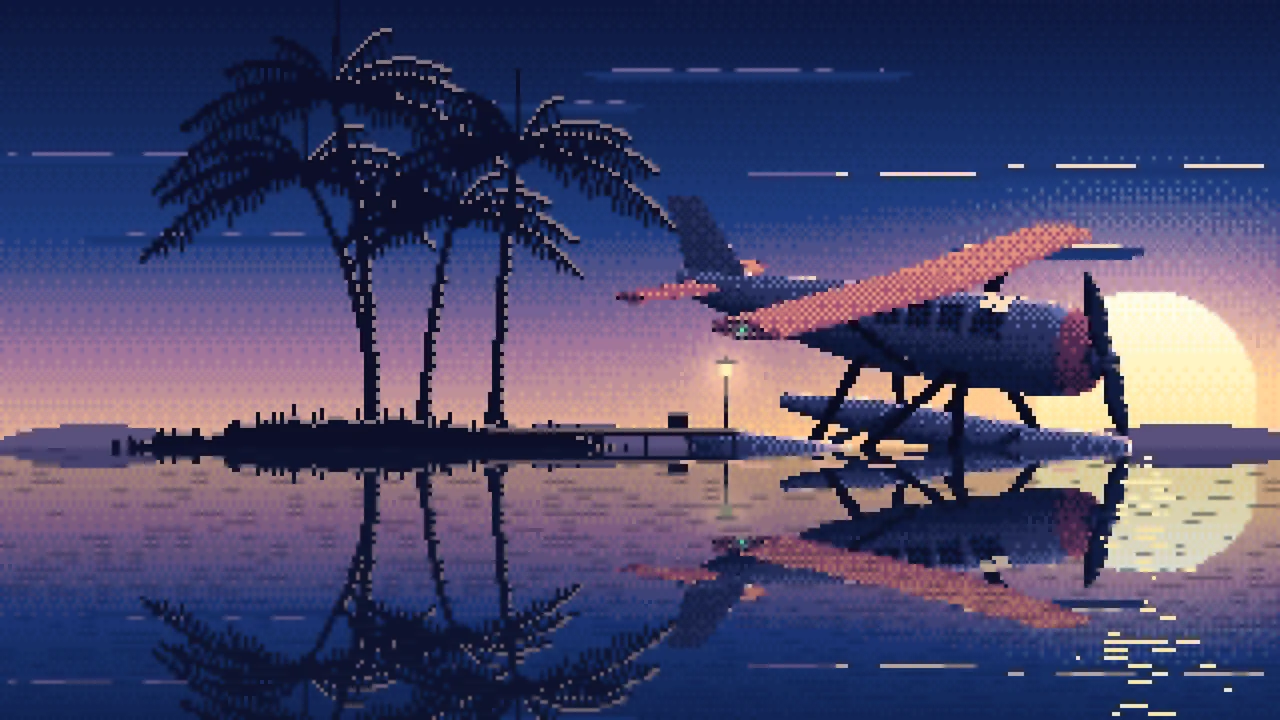 Navy Pixel Art Seaplane at a Tropical Dock desktop wallpaper in 4K