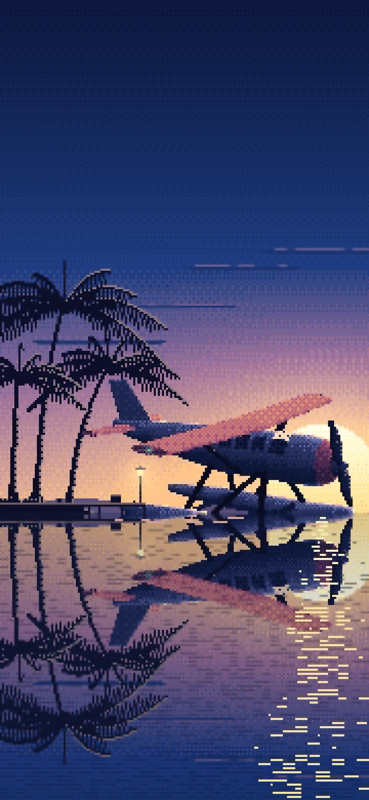 Navy Pixel Art Seaplane at a Tropical Dock wallpaper for iPhone and Android