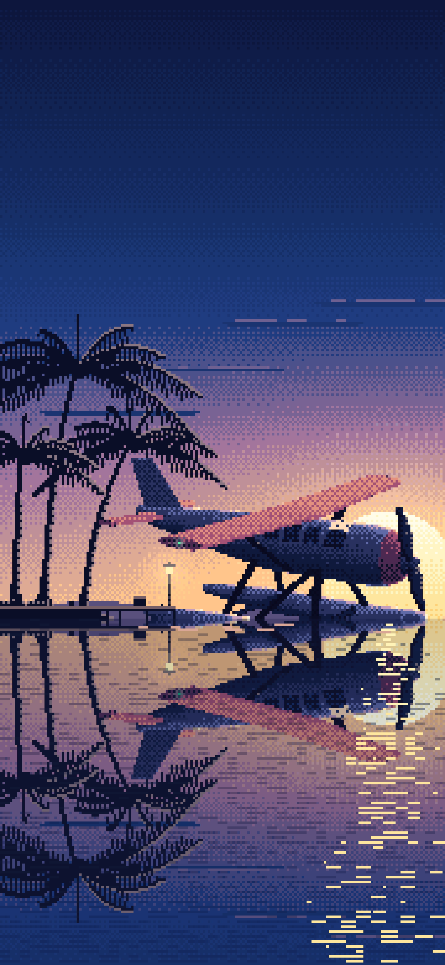 Navy Pixel Art Seaplane at a Tropical Dock wallpaper for iPhone and Android