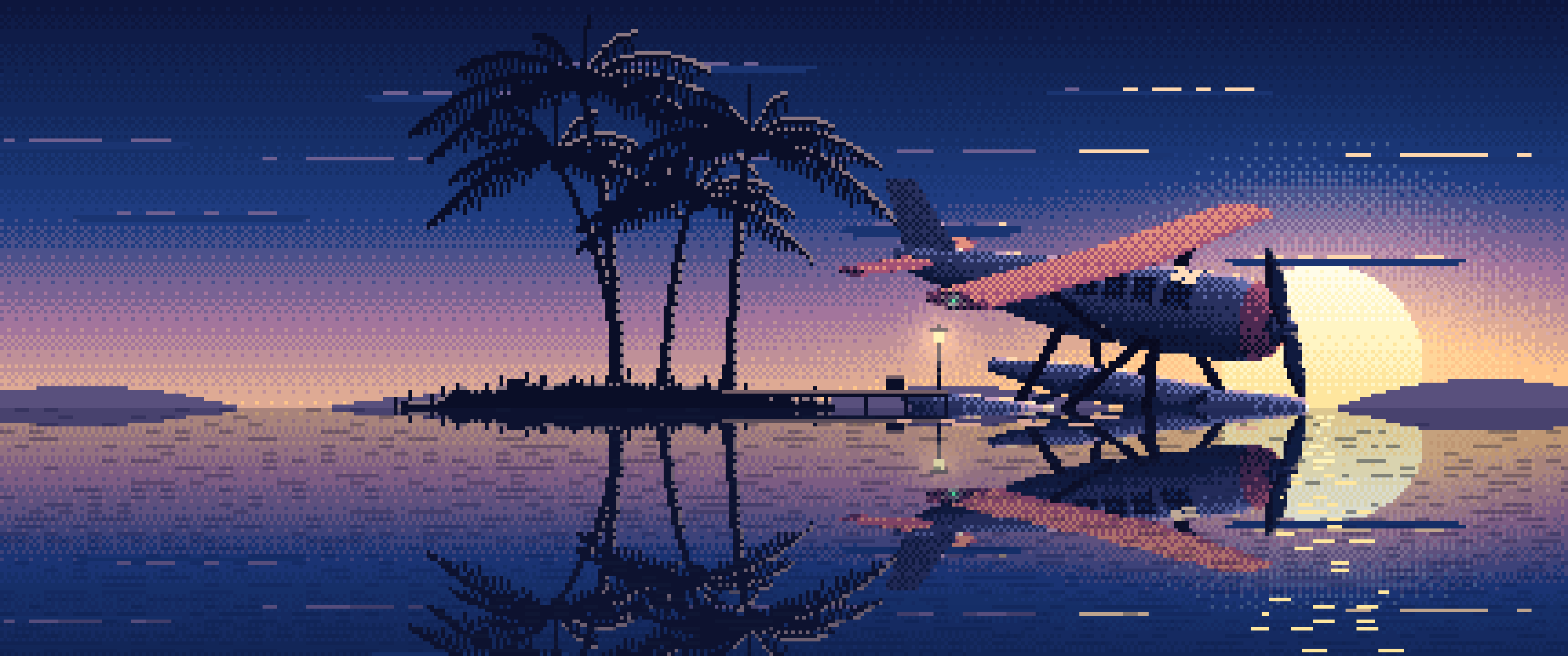Navy Pixel Art Seaplane at a Tropical Dock ultrawide wallpaper, 3440 × 1440