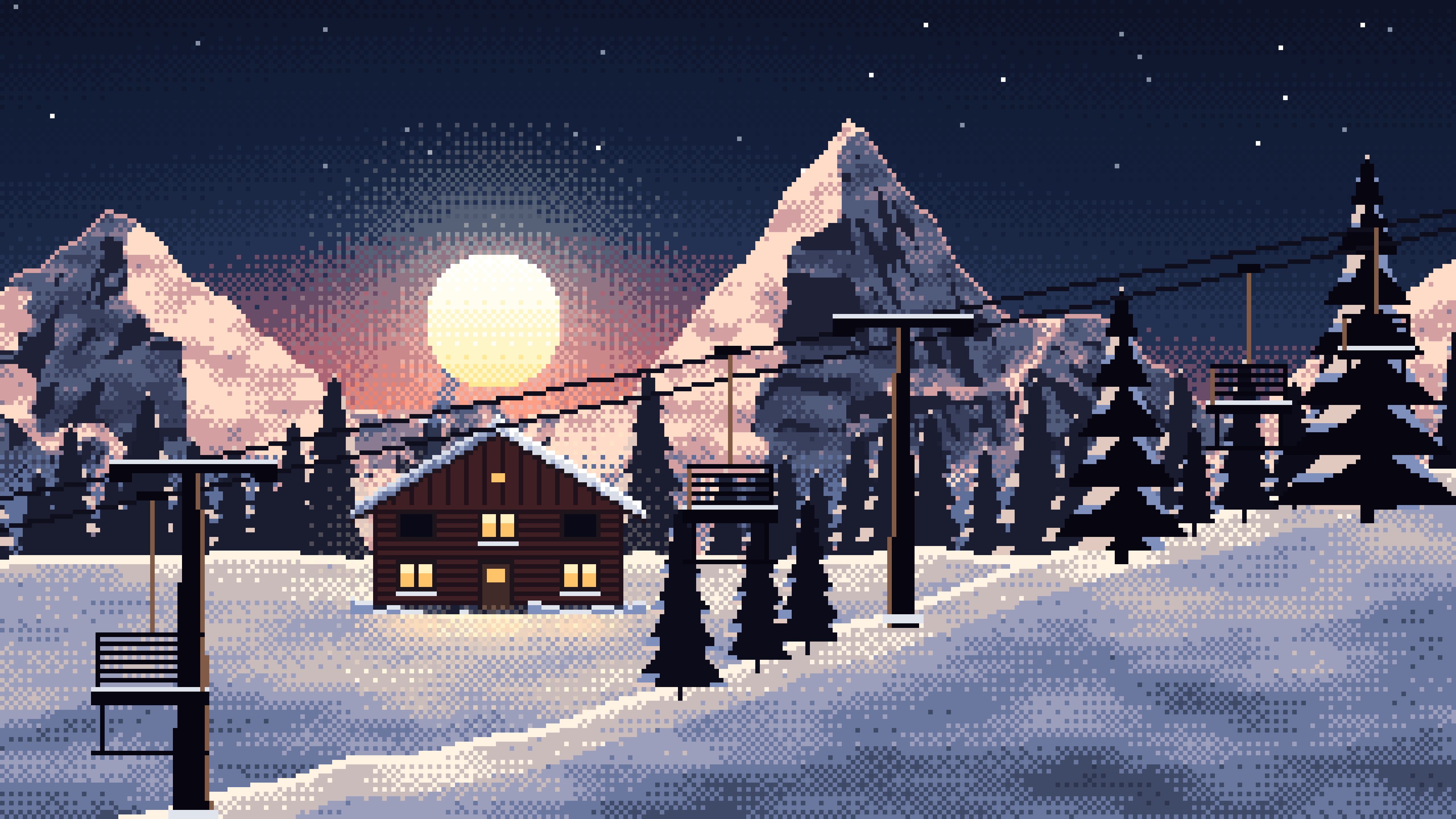 Navy Pixel Art Ski Lift at Sunset desktop wallpaper in 4K