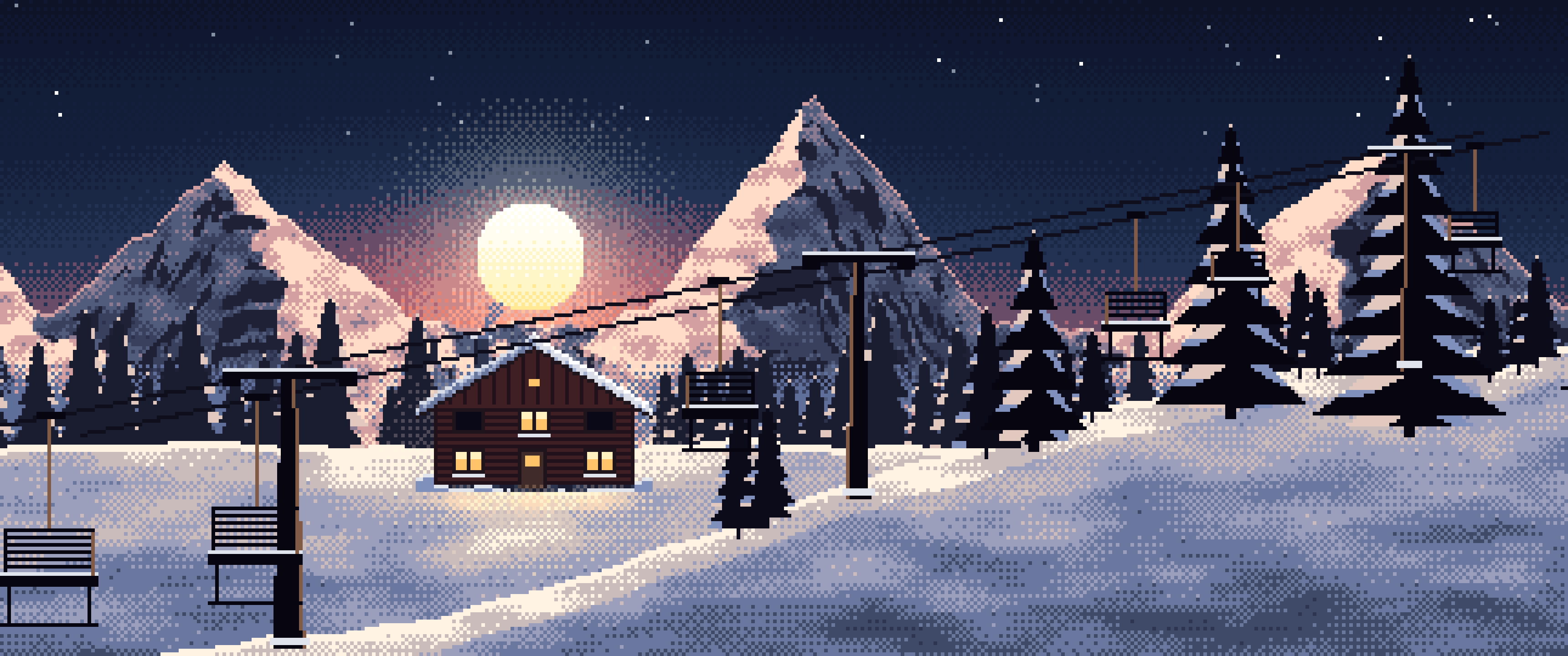 Navy Pixel Art Ski Lift at Sunset ultrawide wallpaper, 3440 × 1440