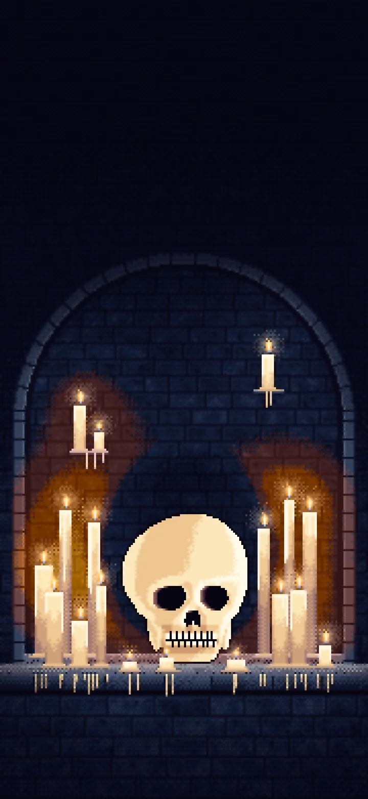 Navy Pixel Art Skull Among Candles in a Crypt wallpaper for iPhone and Android