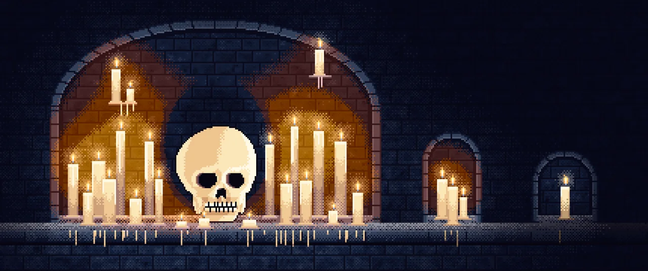 Navy Pixel Art Skull Among Candles in a Crypt ultrawide wallpaper, 3440 × 1440