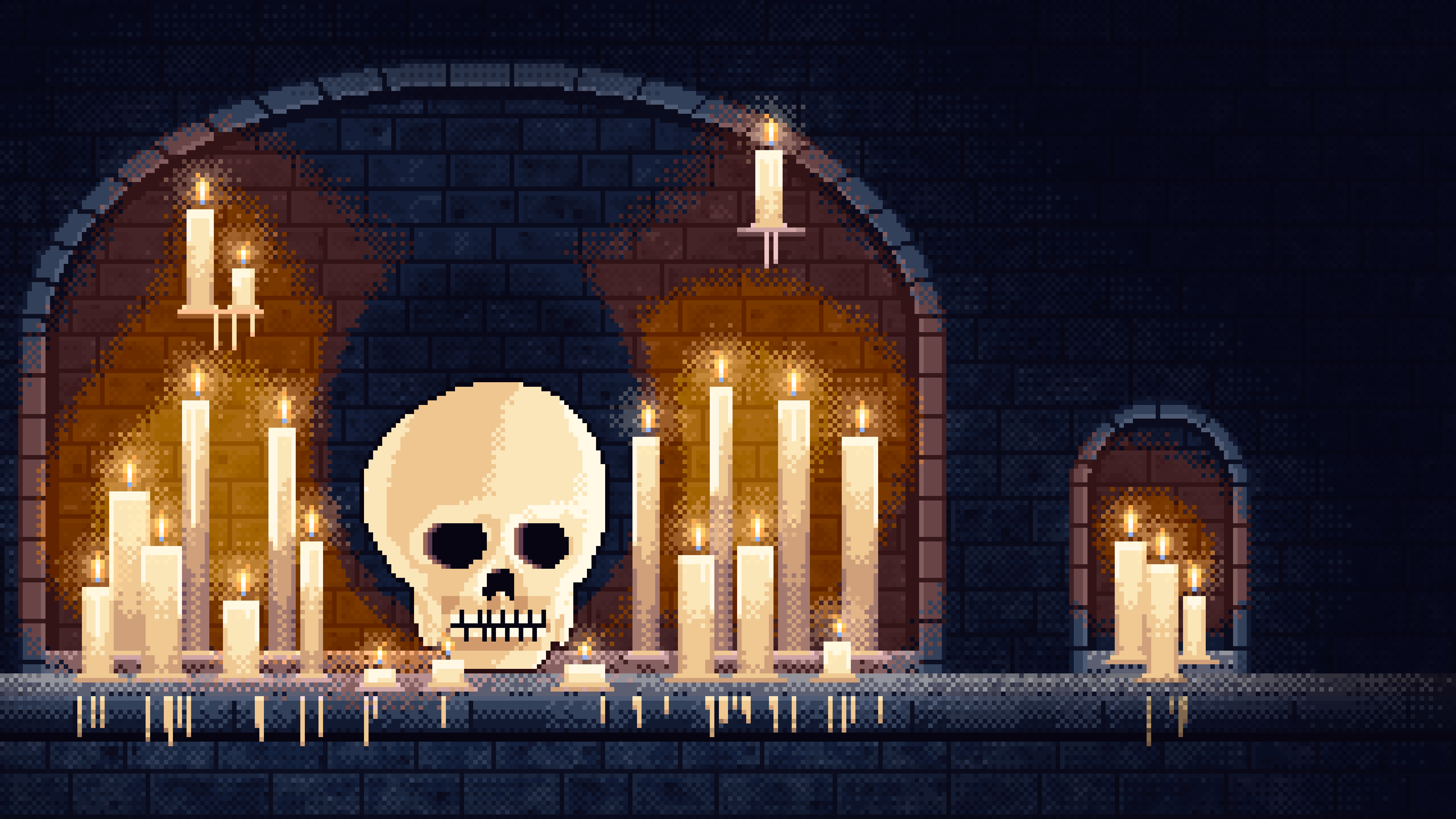 Navy Pixel Art Skull Among Candles in a Crypt desktop wallpaper in 4K