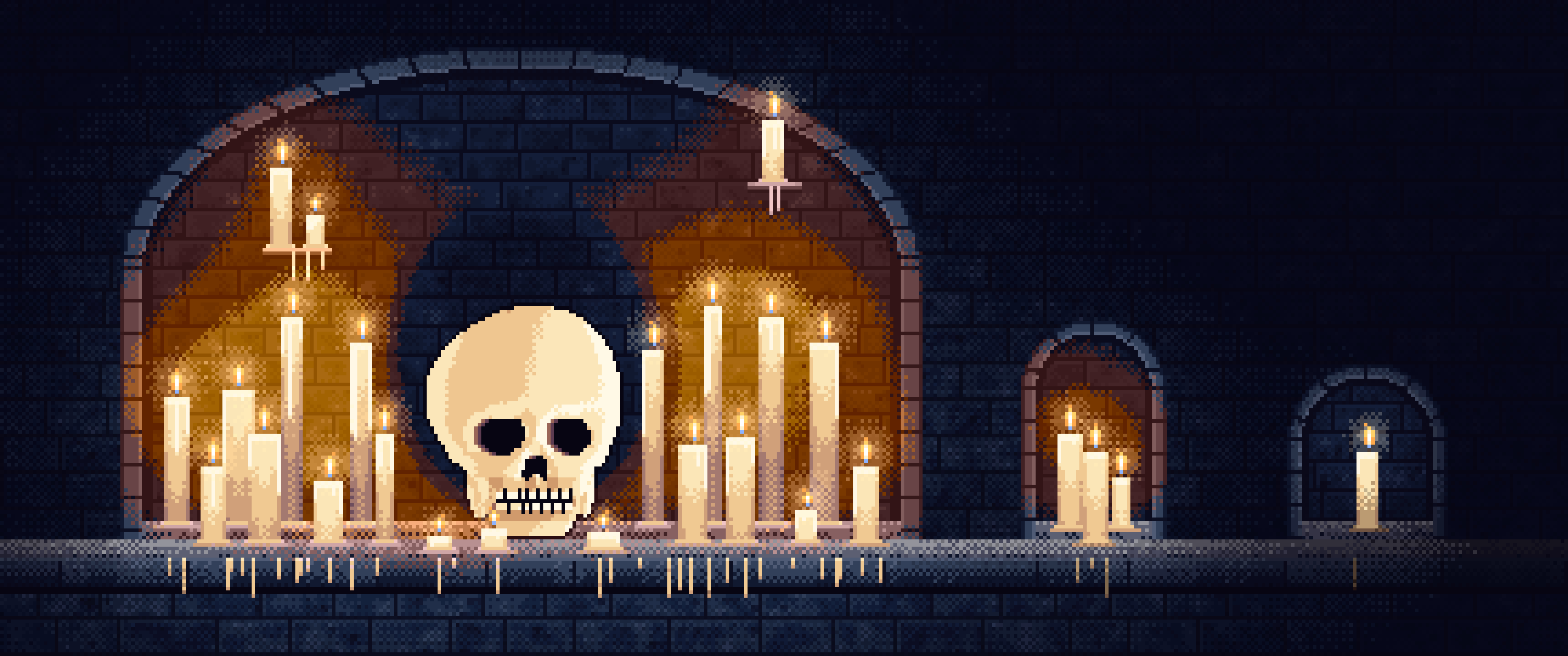 Navy Pixel Art Skull Among Candles in a Crypt ultrawide wallpaper, 3440 × 1440