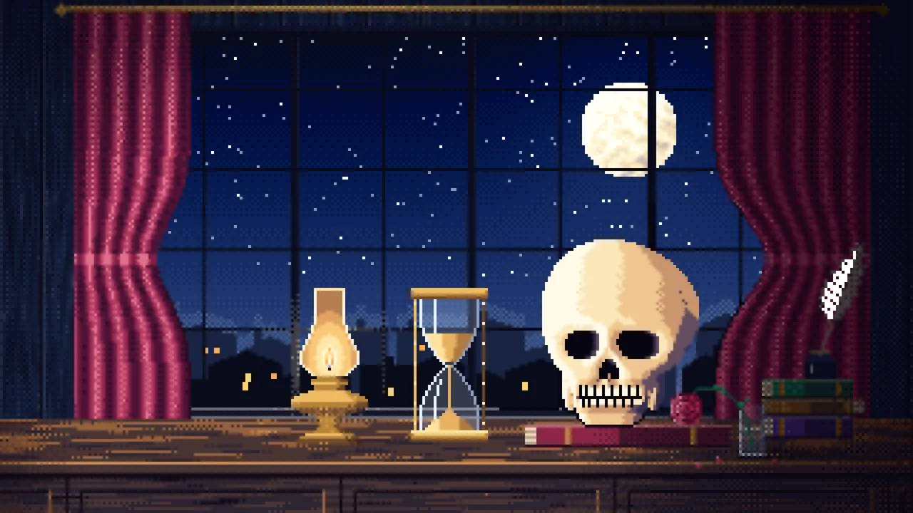 Navy Pixel Art Skull and Hourglass by Lamplight desktop wallpaper in 4K