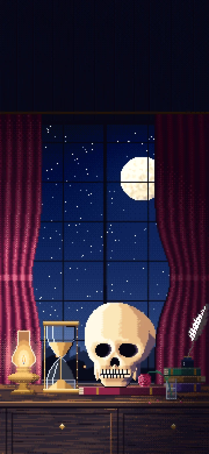 Navy Pixel Art Skull and Hourglass by Lamplight wallpaper for iPhone and Android