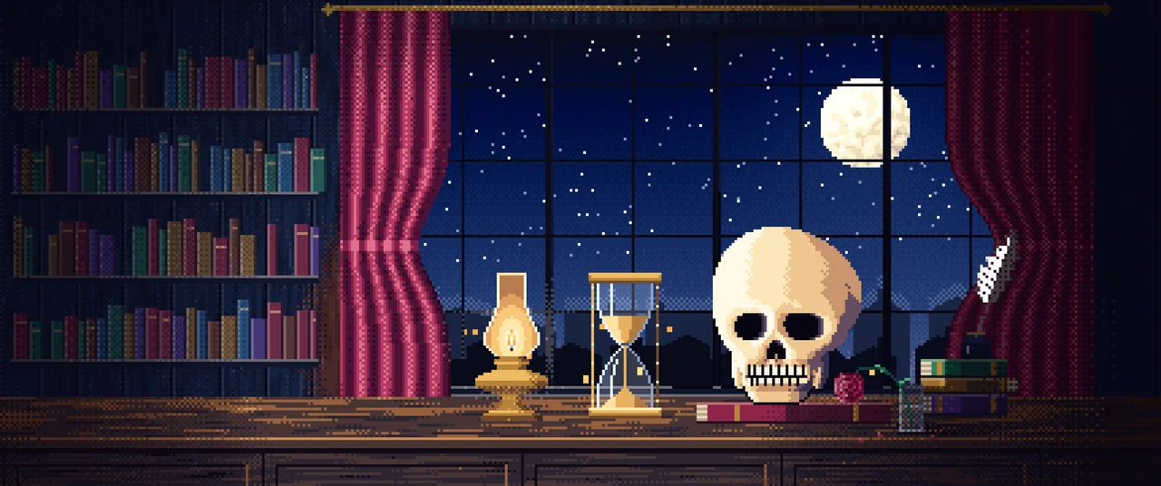 Navy Pixel Art Skull and Hourglass by Lamplight ultrawide wallpaper, 3440 × 1440