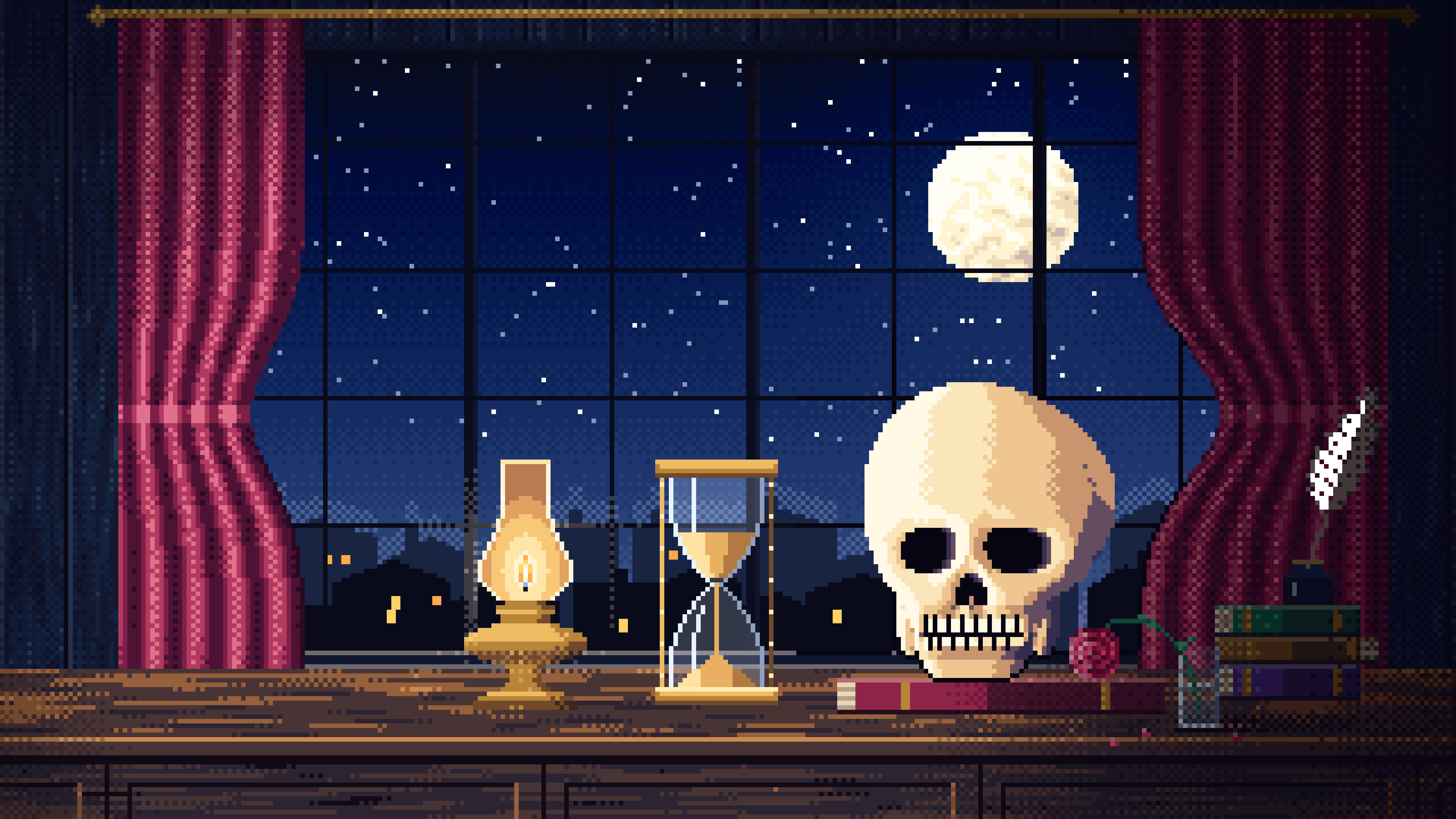 Navy Pixel Art Skull and Hourglass by Lamplight desktop wallpaper in 4K