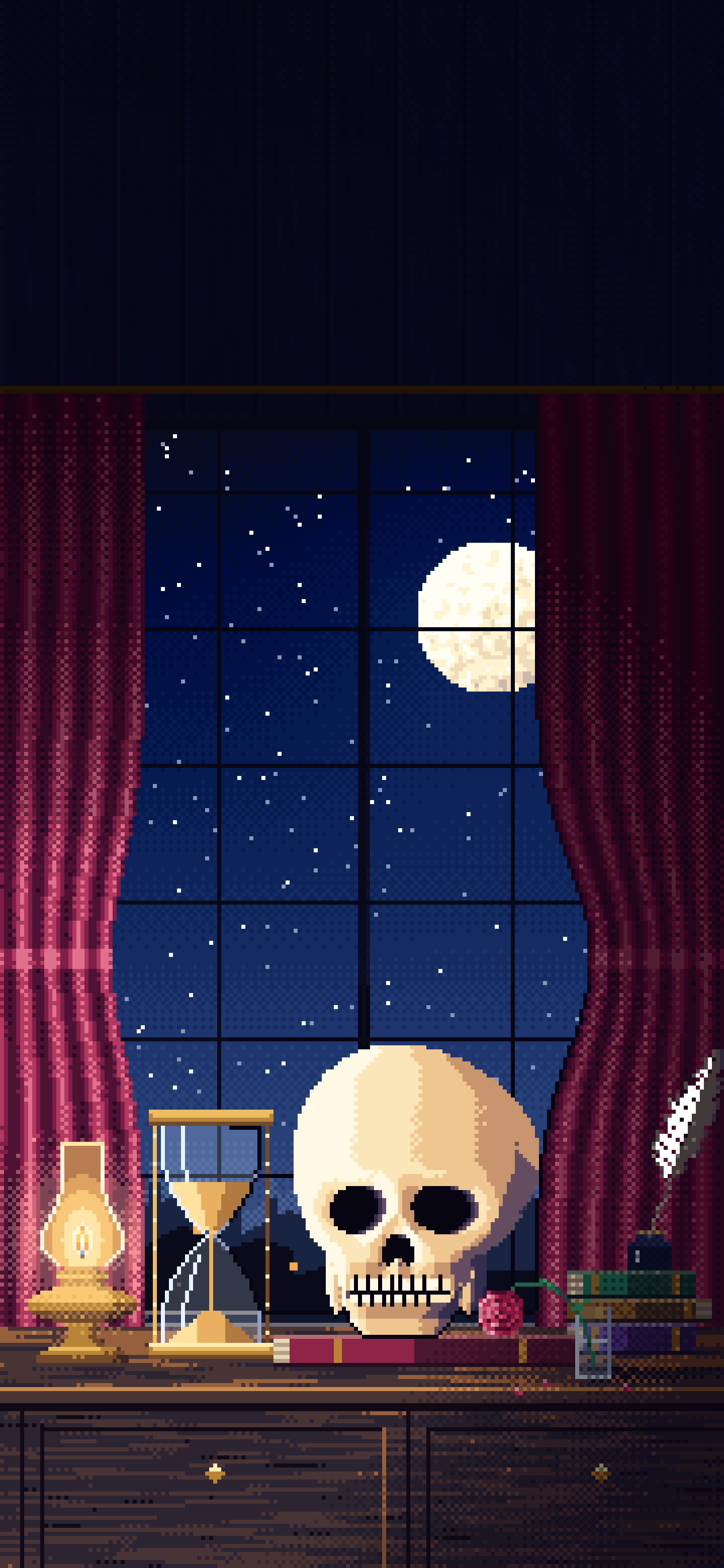 Navy Pixel Art Skull and Hourglass by Lamplight wallpaper for iPhone and Android