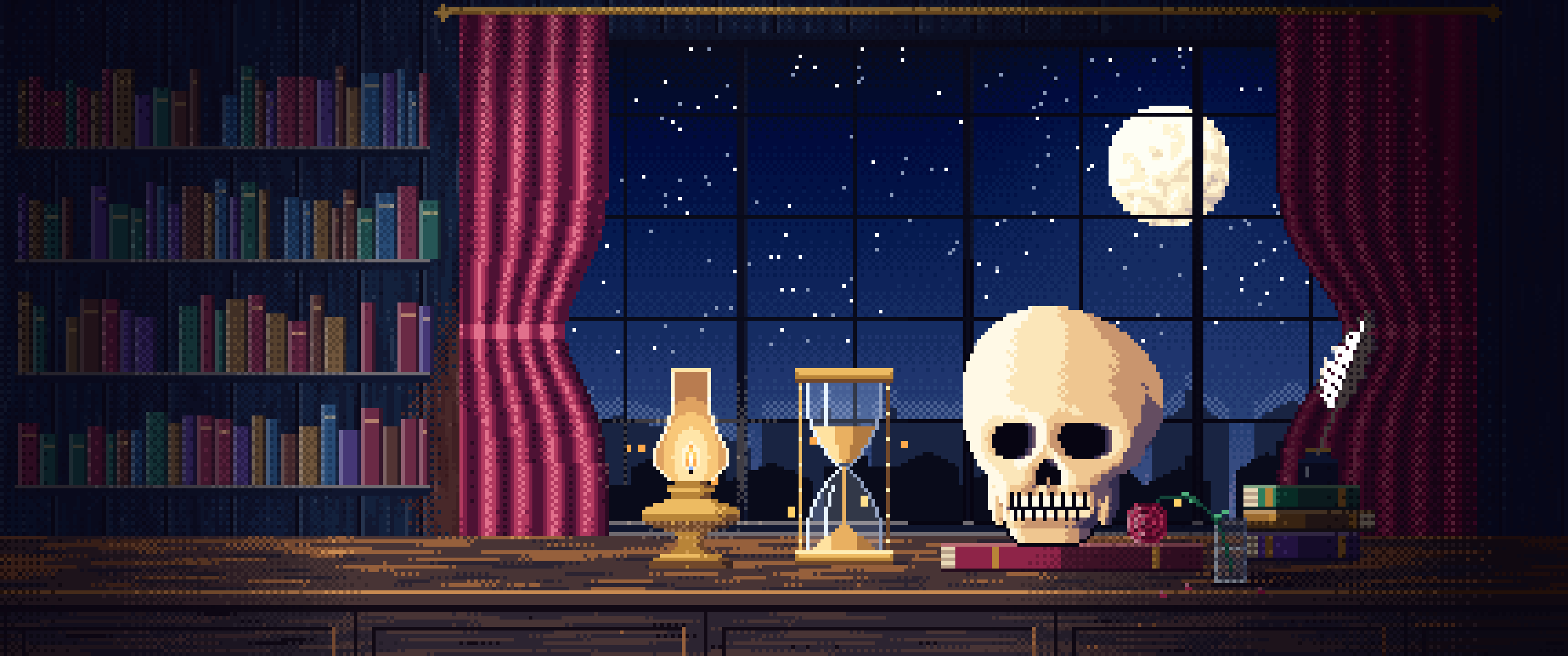 Navy Pixel Art Skull and Hourglass by Lamplight ultrawide wallpaper, 3440 × 1440