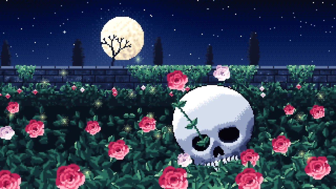 Navy Pixel Art Skull and Roses by Moonlight desktop wallpaper in 4K