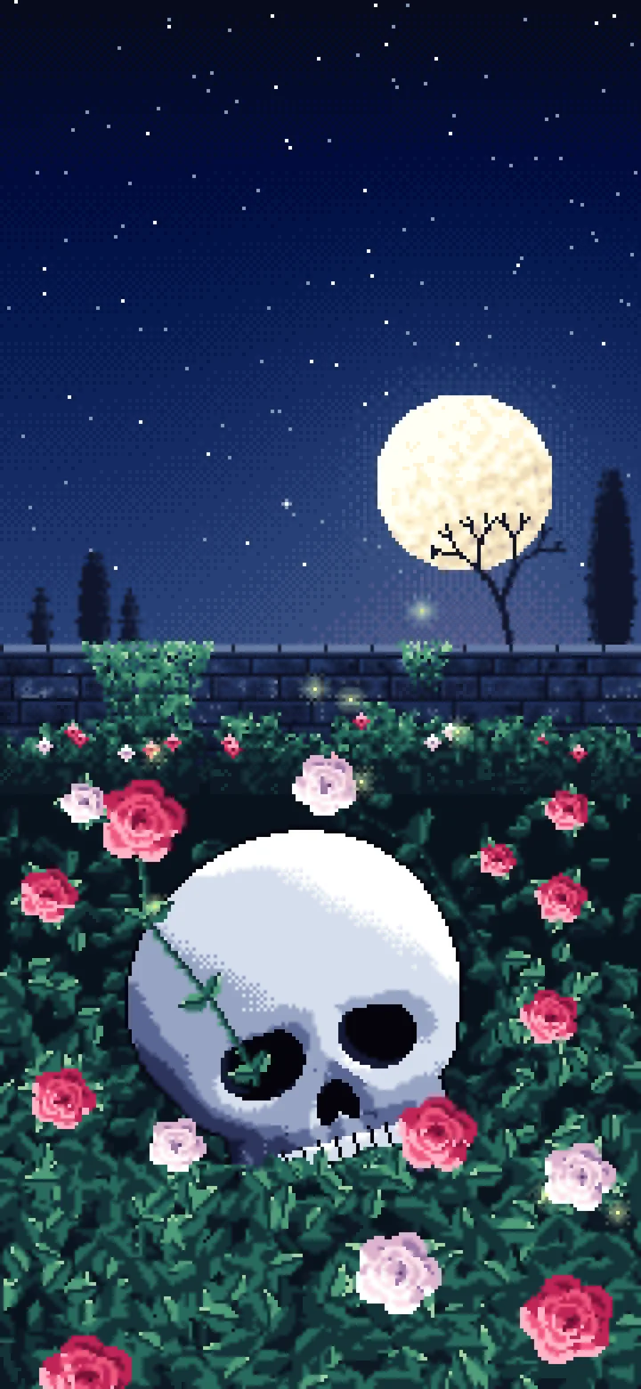 Navy Pixel Art Skull and Roses by Moonlight wallpaper for iPhone and Android
