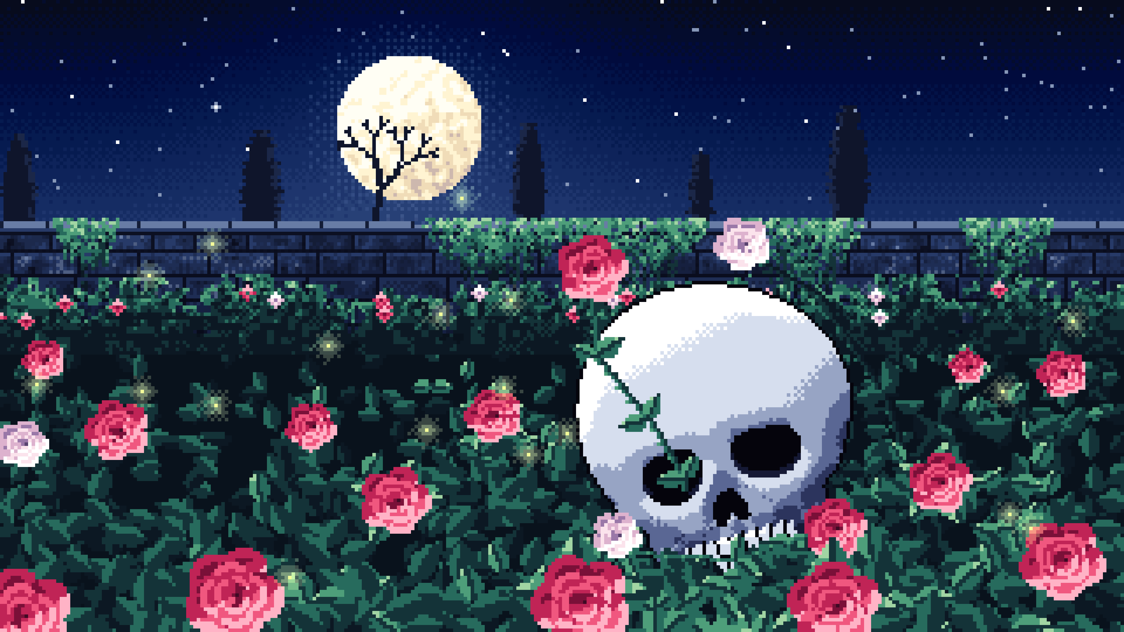 Navy Pixel Art Skull and Roses by Moonlight desktop wallpaper in 4K