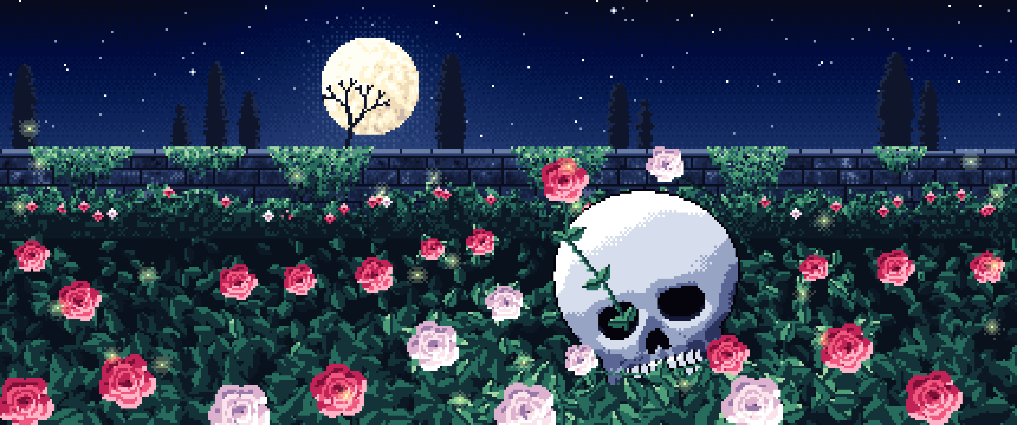 Navy Pixel Art Skull and Roses by Moonlight ultrawide wallpaper, 3440 × 1440