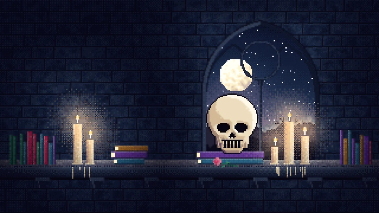Navy Pixel Art Skull by Candlelight desktop wallpaper in 4K