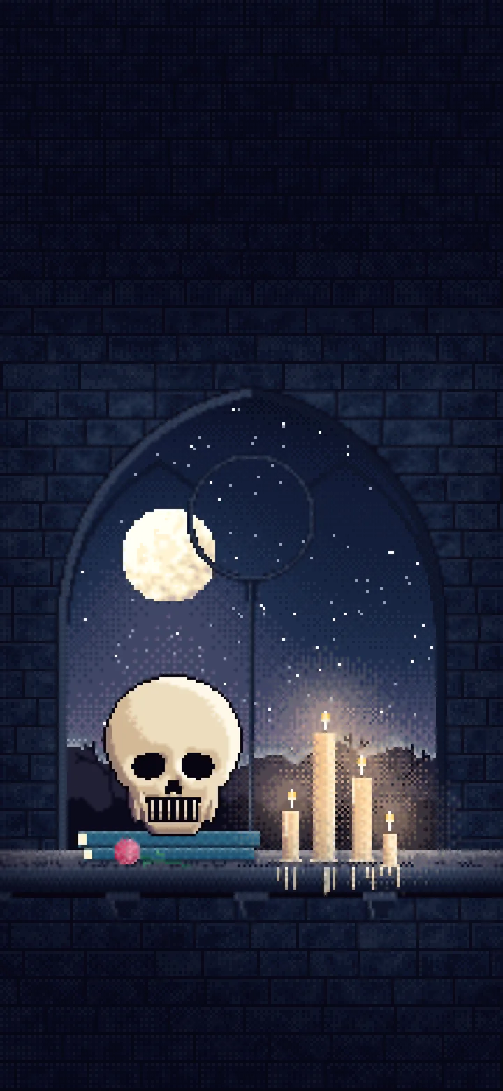 Navy Pixel Art Skull by Candlelight wallpaper for iPhone and Android