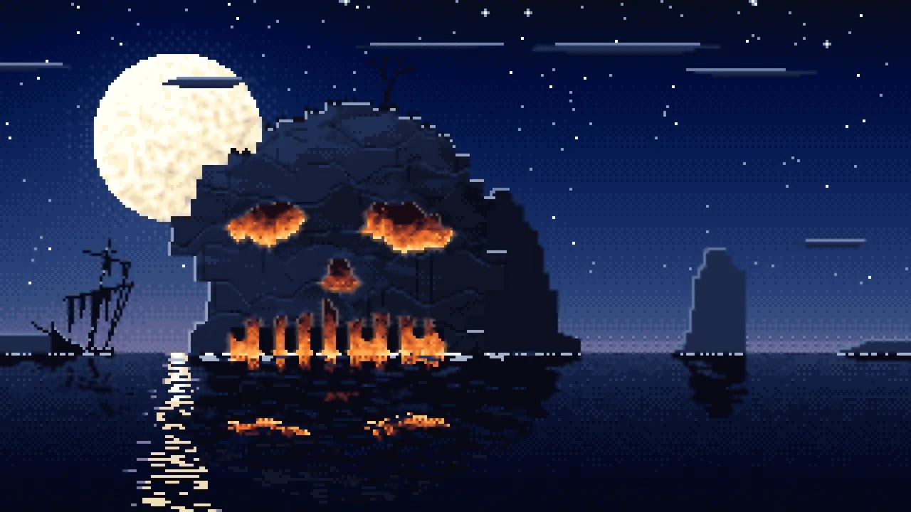 Navy Pixel Art Skull Rock at Night desktop wallpaper in 4K