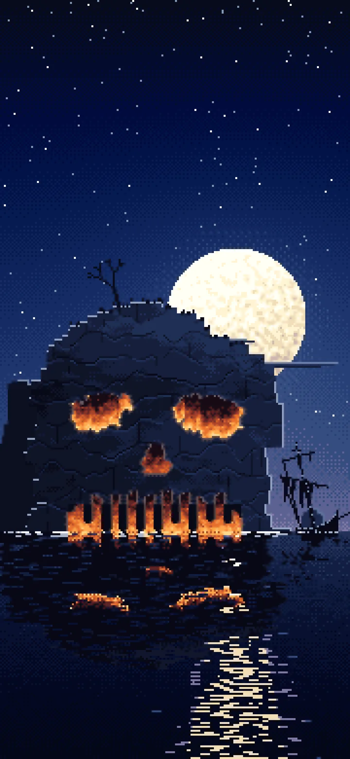 Navy Pixel Art Skull Rock at Night wallpaper for iPhone and Android