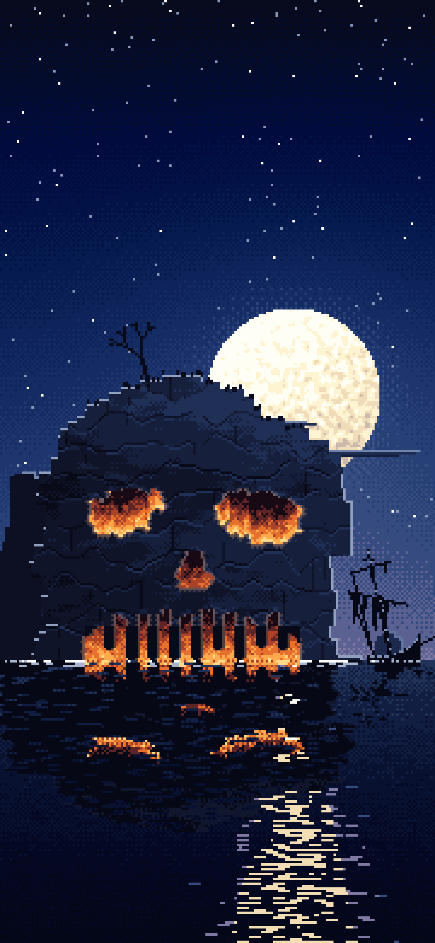 Navy Pixel Art Skull Rock at Night wallpaper for iPhone and Android