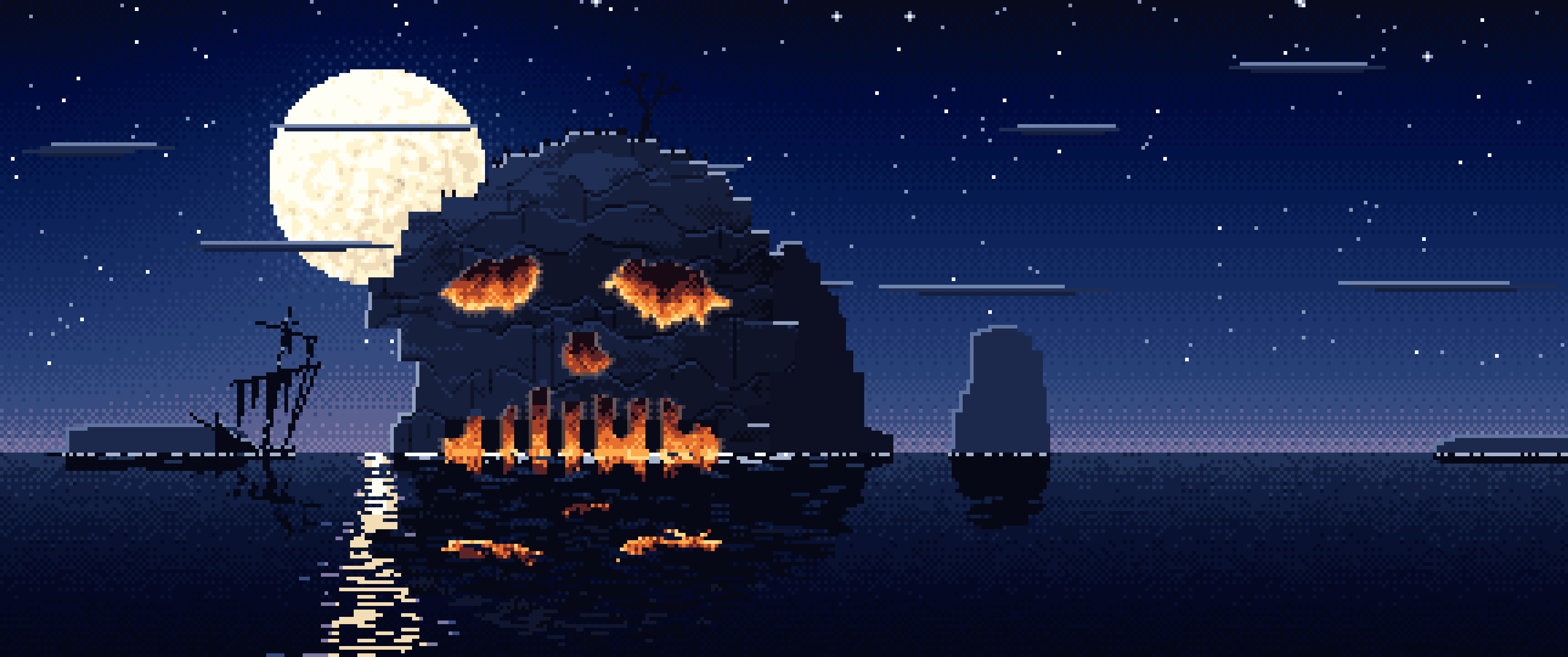 Navy Pixel Art Skull Rock at Night ultrawide wallpaper, 3440 × 1440