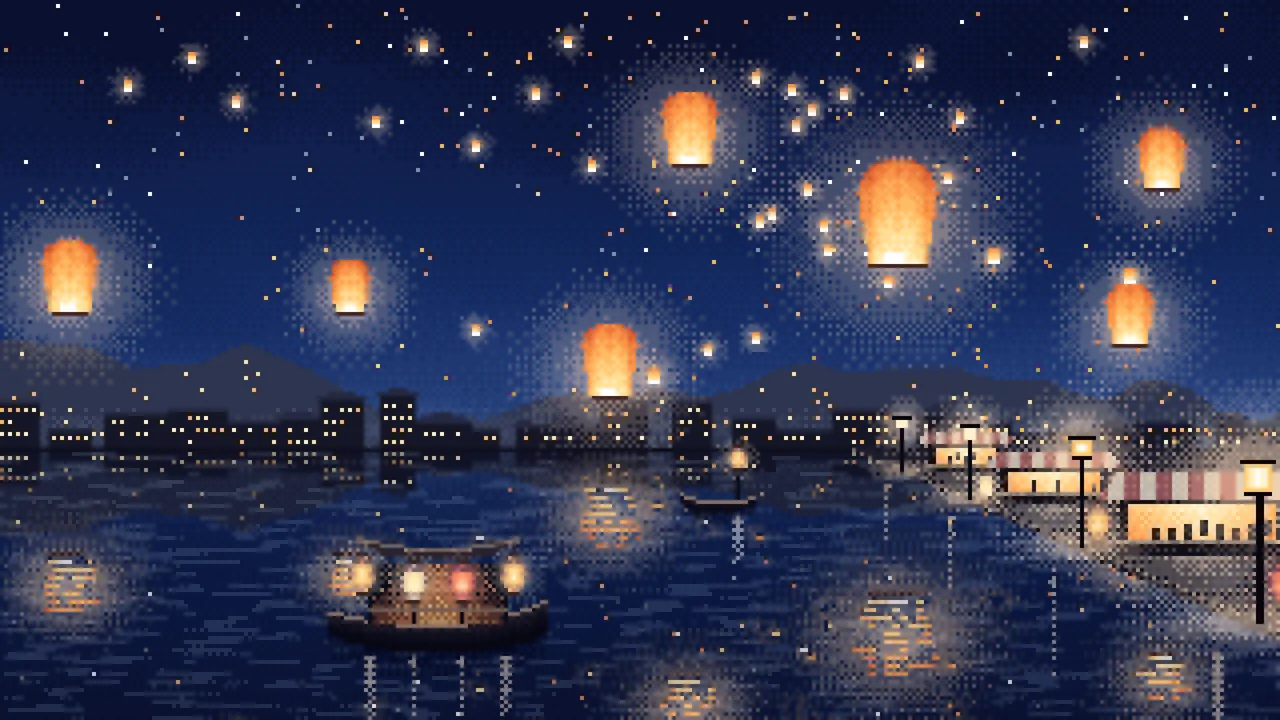 Navy Pixel Art Sky Lanterns Over a River desktop wallpaper in 4K