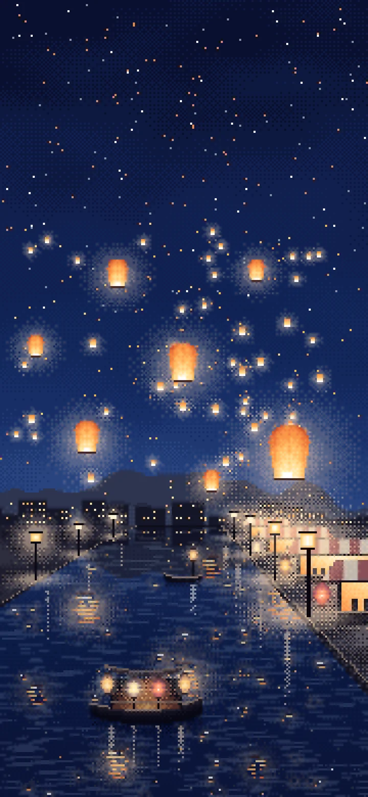 Navy Pixel Art Sky Lanterns Over a River wallpaper for iPhone and Android