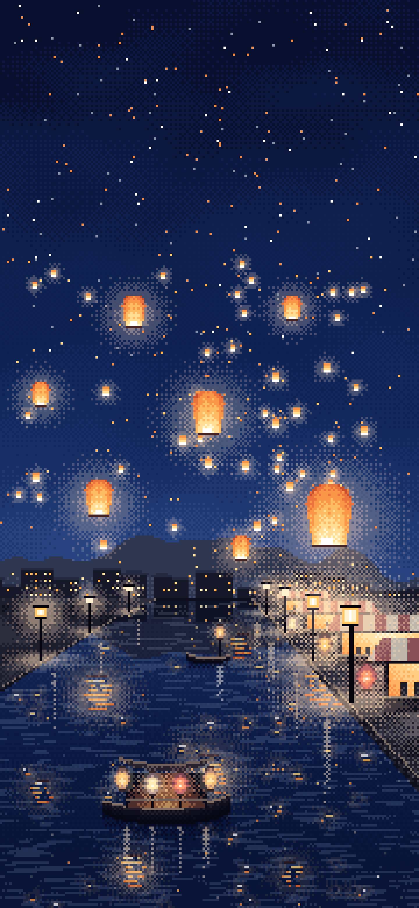 Navy Pixel Art Sky Lanterns Over a River wallpaper for iPhone and Android