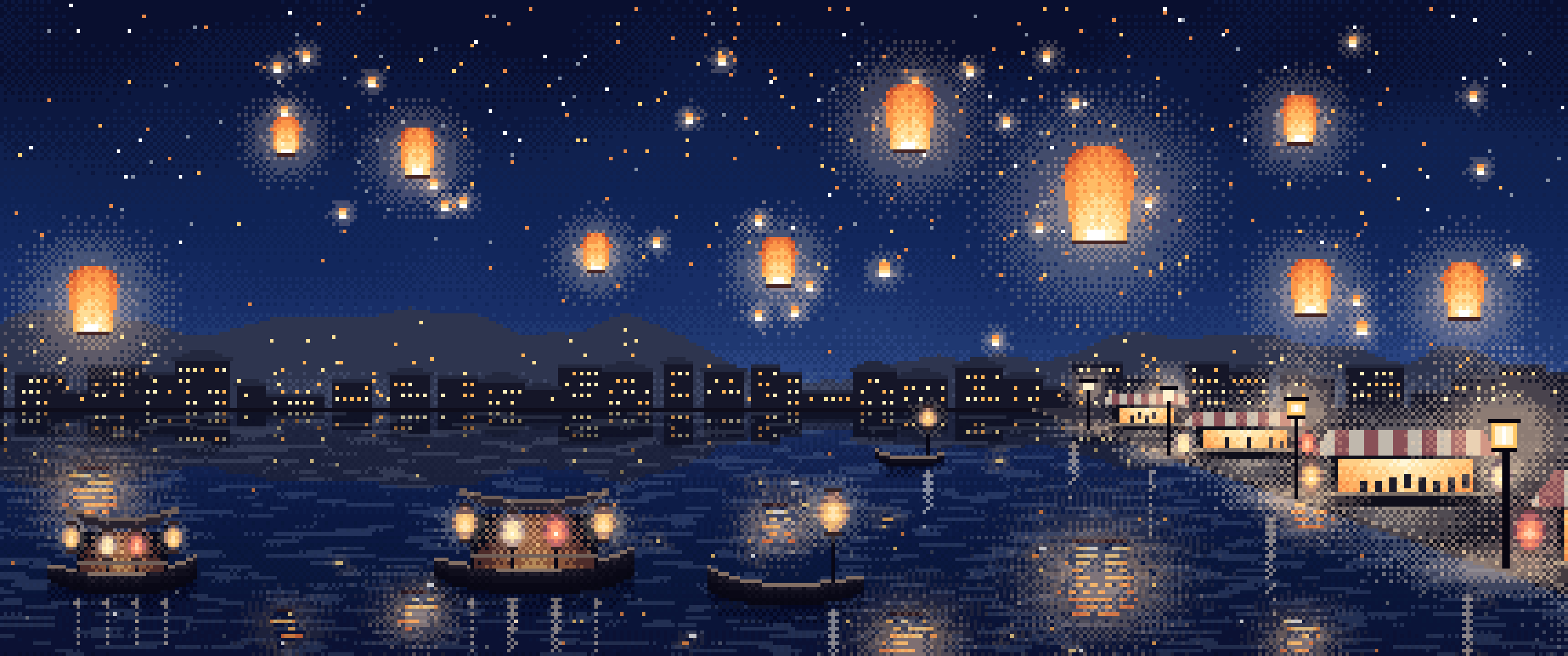 Navy Pixel Art Sky Lanterns Over a River ultrawide wallpaper, 3440 × 1440