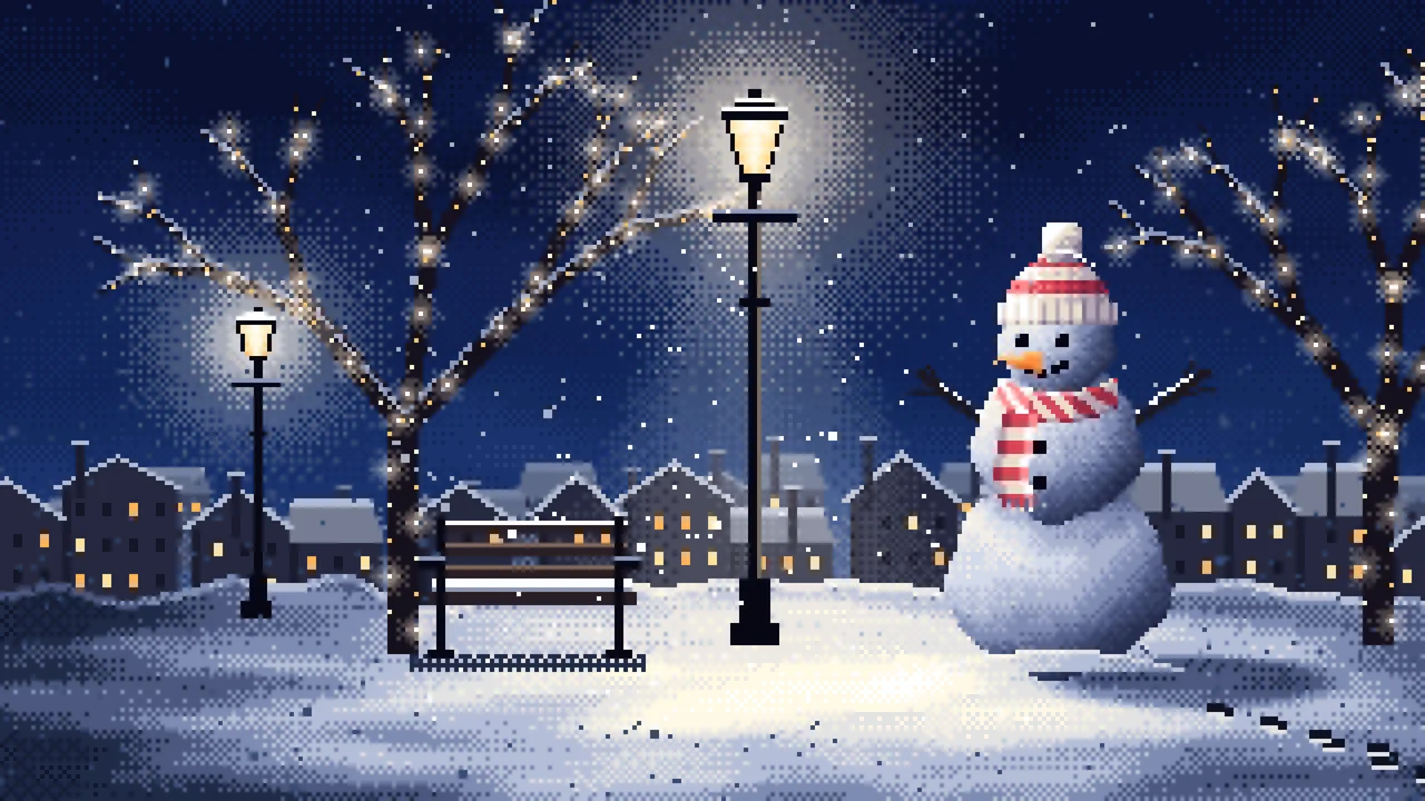 Navy Pixel Art Snowman Under a Street Lamp desktop wallpaper in 4K