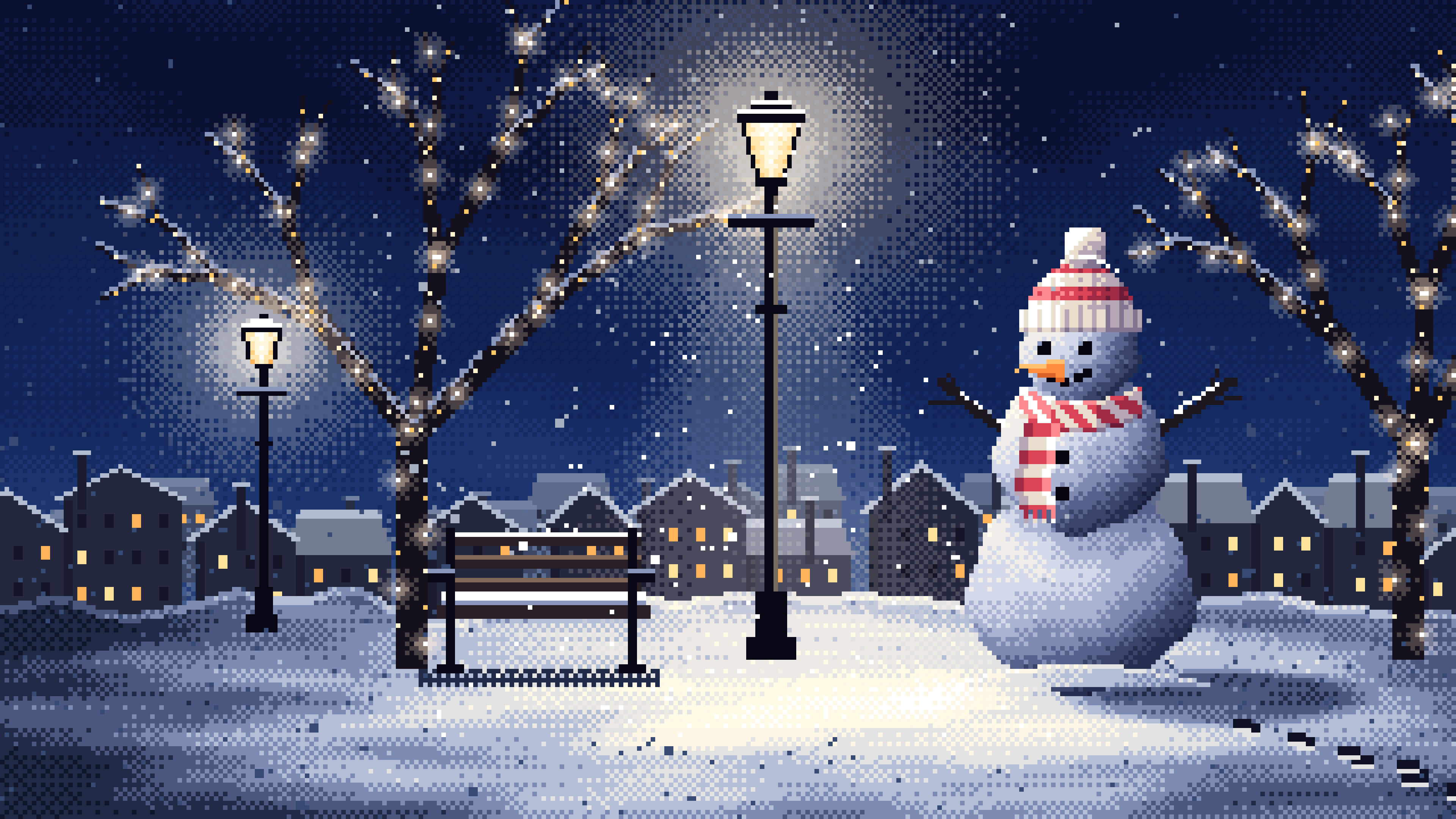 Navy Pixel Art Snowman Under a Street Lamp desktop wallpaper in 4K