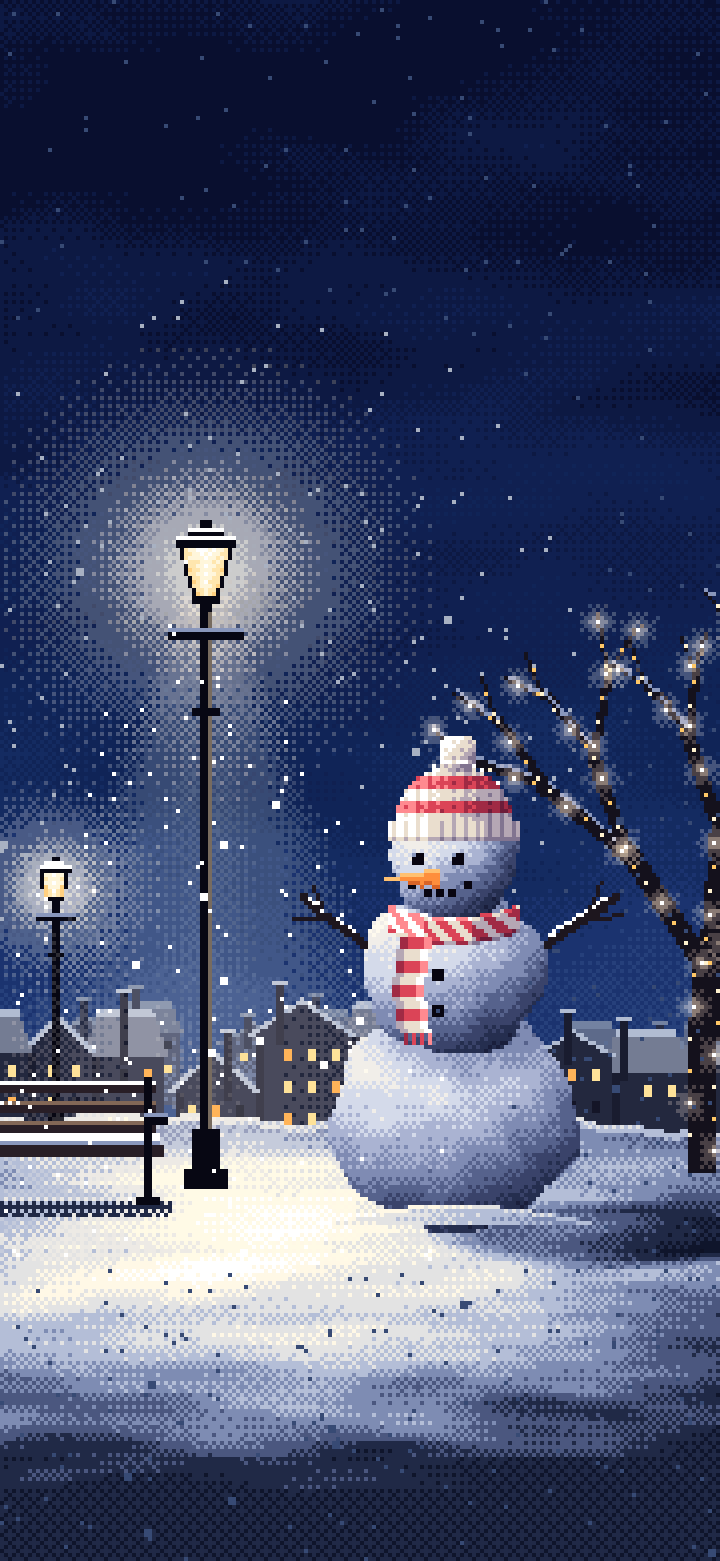 Navy Pixel Art Snowman Under a Street Lamp wallpaper for iPhone and Android