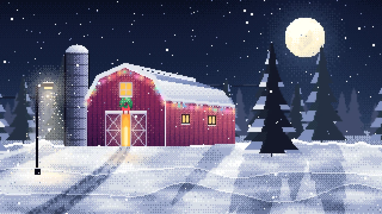 Navy Pixel Art Snowy Barn with Christmas Lights desktop wallpaper in 4K
